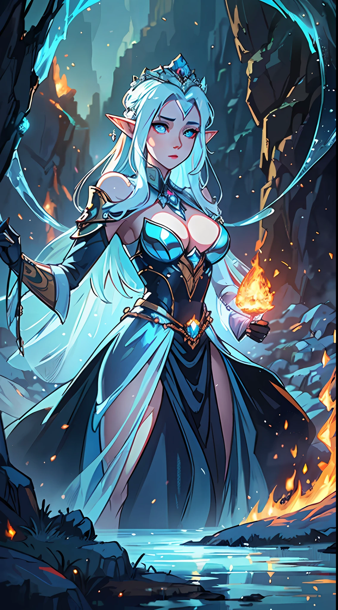 (Best Quality, Best Detail, Masterpiece), 1 beautiful elf queen standing in the valley, clear face, haughty expression, glowing eyes, blurred reflection, huge valley in the background, elements of ice and fire, particles, ray tracing, HD rendering, HD detail, epic composition, 8K