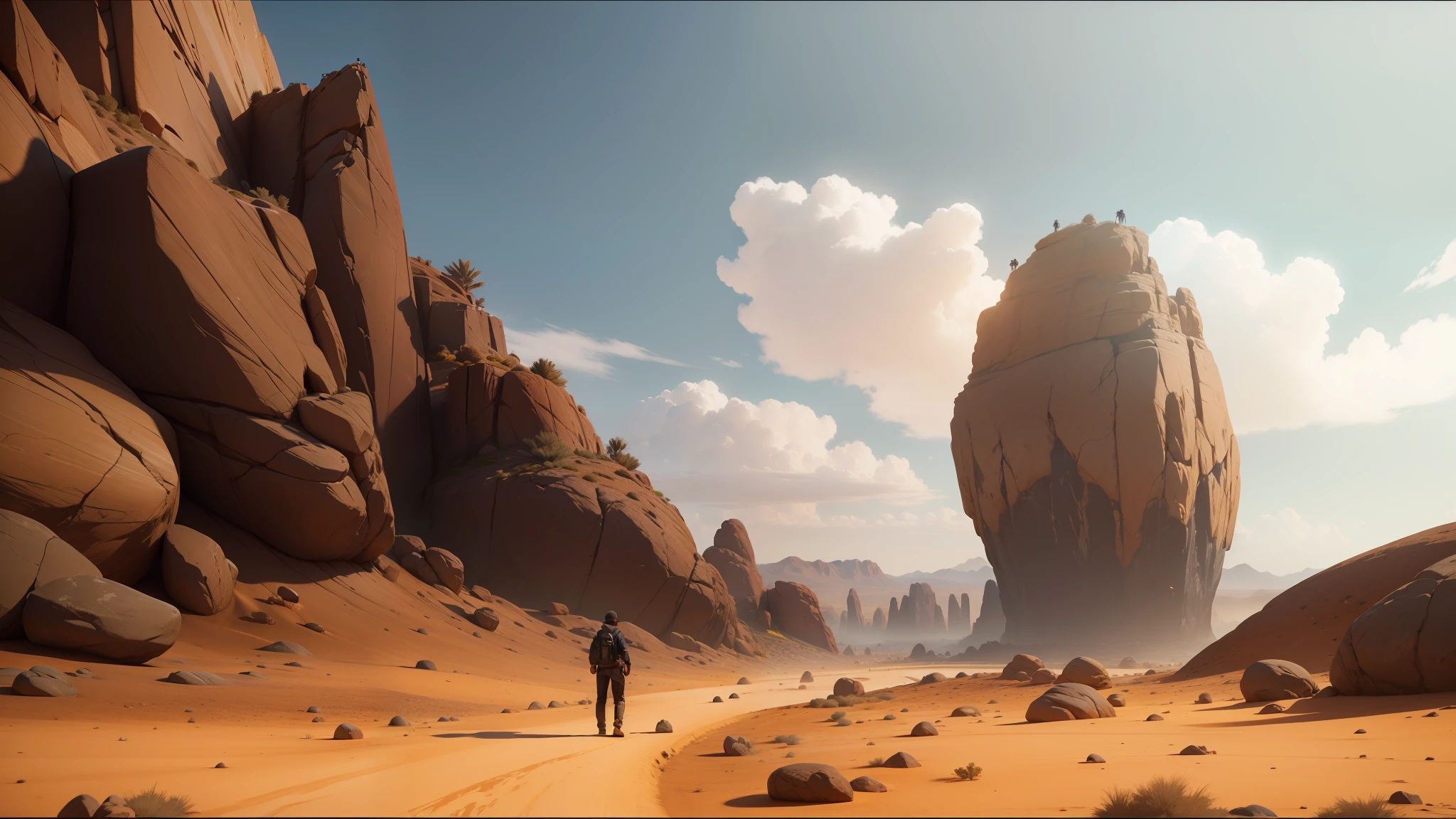 there are two people walking in the desert near a large rock, unreal engine 5 showcase, anamorphic 24 mm lens, inspired by Sanford Robinson Gifford, gameplay screenshot, still from a music video, sylvain sarrailh and igor morski, interior gameplay screenshot, 2019, television screenshot