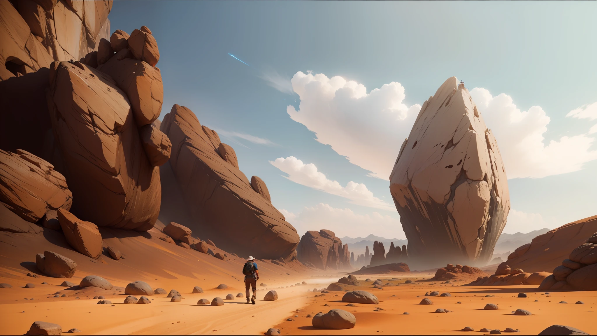 there are two people walking in the desert near a large rock, unreal engine 5 showcase, anamorphic 24 mm lens, inspired by Sanford Robinson Gifford, gameplay screenshot, still from a music video, sylvain sarrailh and igor morski, interior gameplay screenshot, 2019, television screenshot