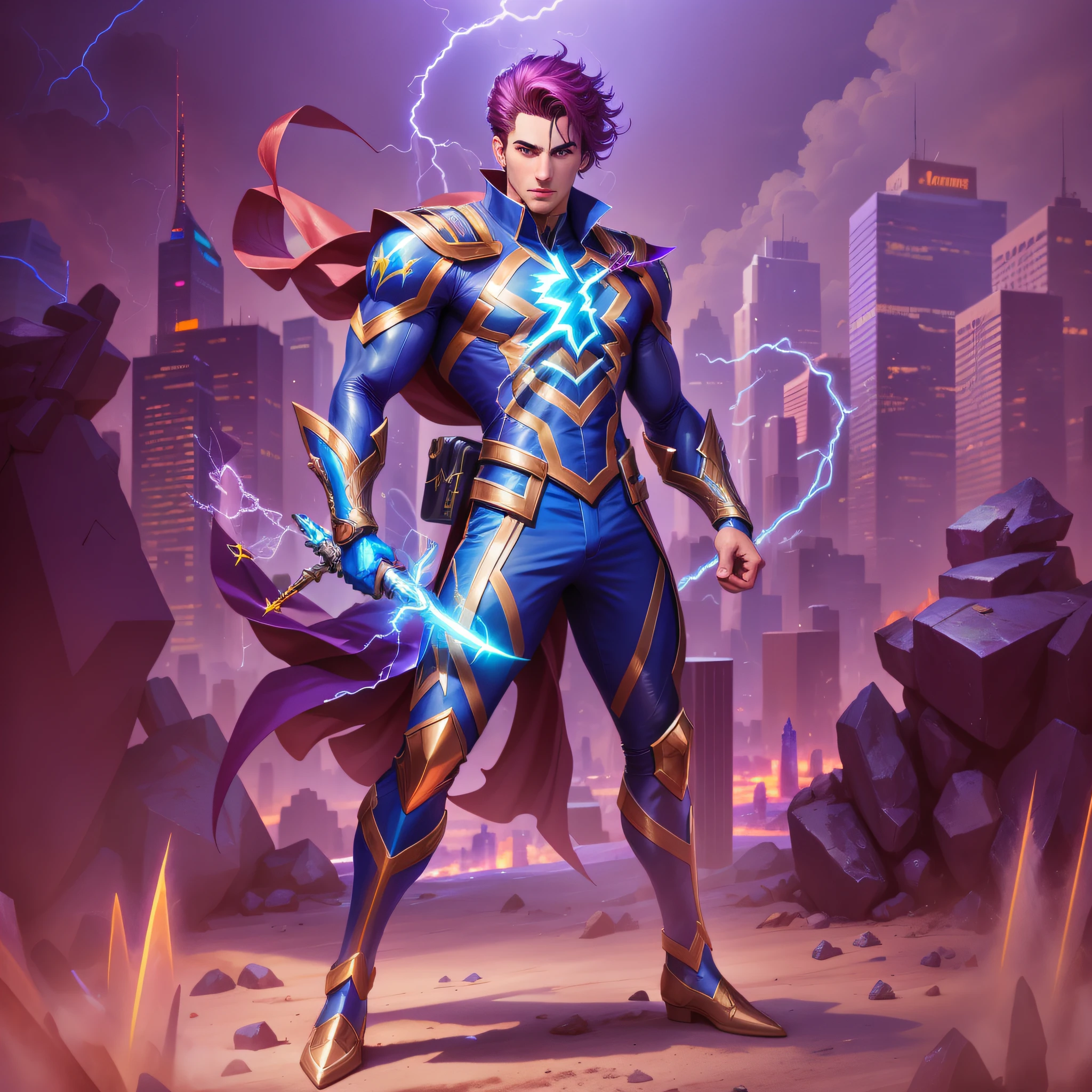 arafed male in a blue suit with a lightning bolt in his hand, hero pose colorful city lighting, full portrait of electromancer, hero character art, iconic character splash art, heroic masculine pose, by Juan Villafuerte, by Luis Miranda, official splash art, official concept art, by Alexander Sharpe Ross, artgerm jsc