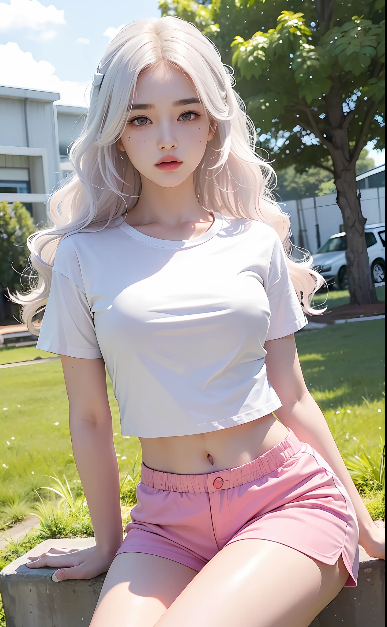 (Masterpiece, realistic, high resolution), (1 girl): 1.2), Korean, ((white wavy hair): 1.3), (heterochromic eyes: 1.1, thick eyebrows, small moles under the eyes), tie, (white shirt, pink sports shorts), ((medium breasts): 1.2, long legs), outdoors, gym, next to various construction equipment
