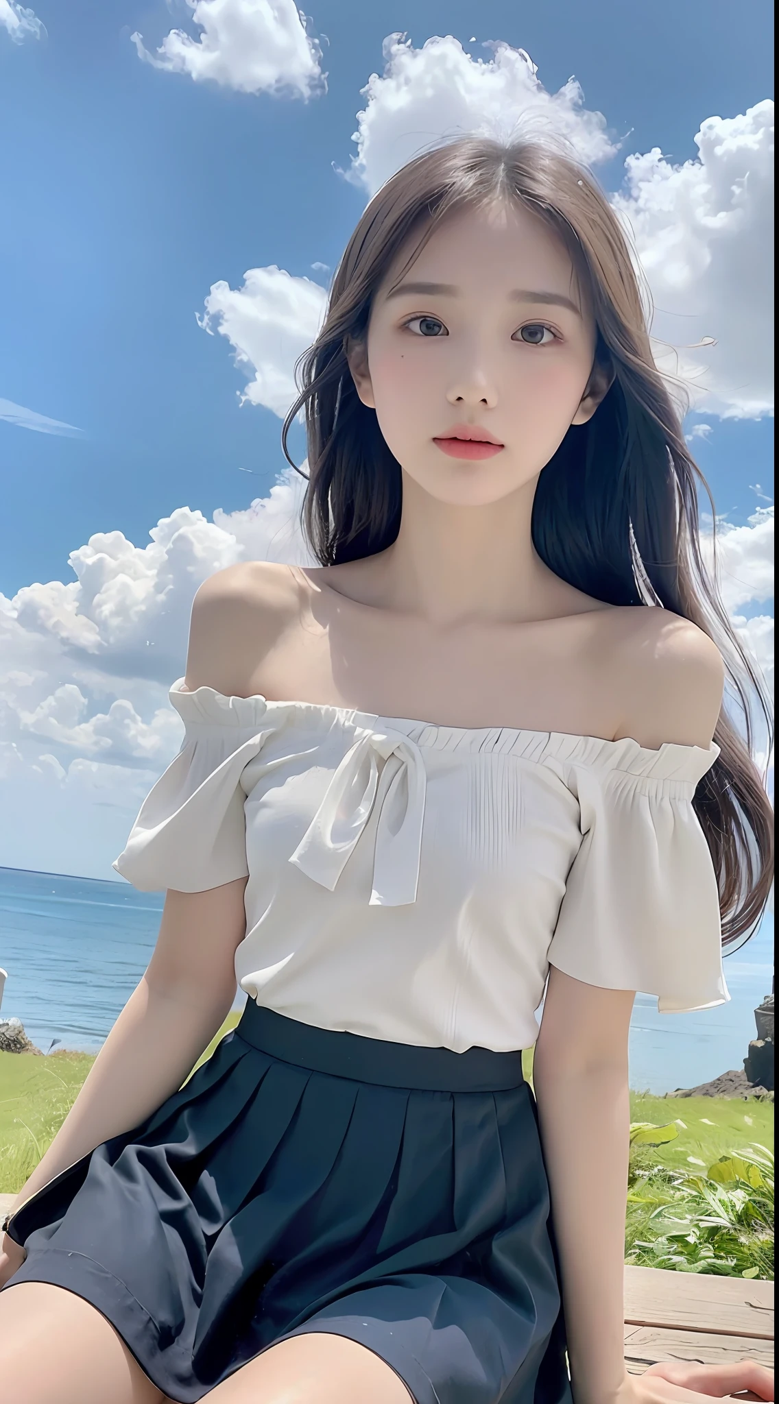 (8k, RAW photo, best quality, masterpiece:1.2), (full body:1.1), (short skirt off shoulder:1.2), (pleated skirt:1.2), best quality, masterpiece, (small mouth:1.2), (slender:1.2), an extremely delicate and beautiful, 8k wallpaper, Amazing, finely detail, masterpiece, best quality, (:1.2), narrow waist, (bright blue sky and white clouds, beautiful ocean, sitting ,nature:1.2), slim, shy, cute, dense hair, supple hair, high contrast, supplementary light, (closed mouth), beautiful, detailed eyes, (long hair:1.2)