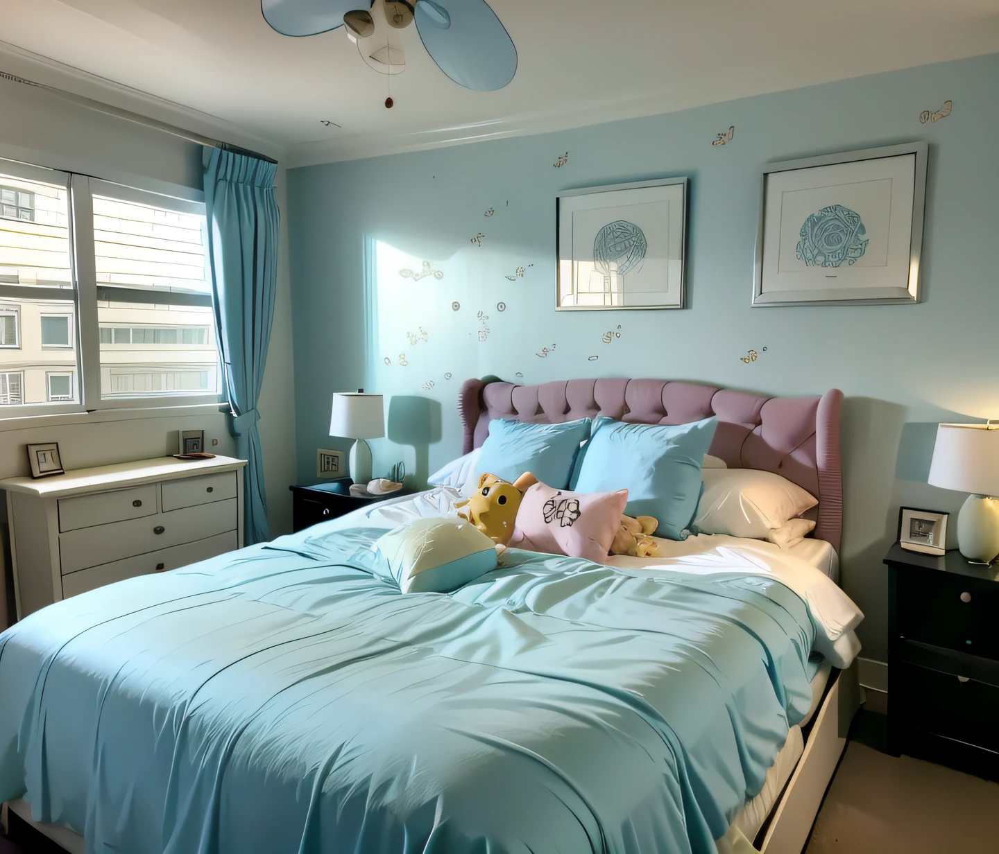 A room with the bed in the middle, light blue sheets, bedside tables on either side of the bed