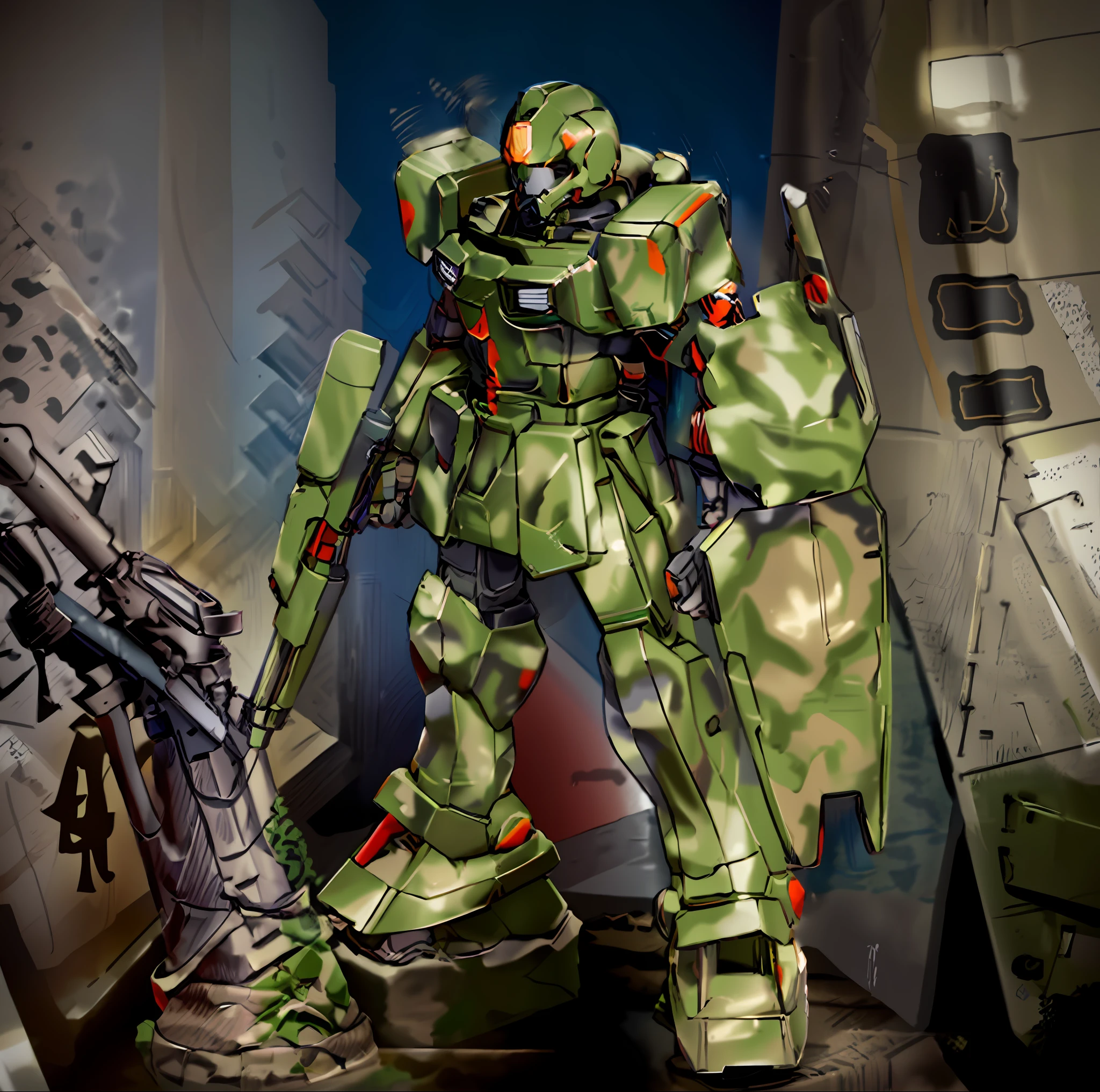 a close up of a drawing of a robot with a gun, camouflage scheme, zaku, camouflaged gear, colored concept art, full body concept, combat suit, mobile suit, gundam armor, marine armor, combat mech clothes, colored sketch, concept armor, high quality colored sketch, konami concept art, combat armor, masterpiece concept art, mecha plate armor