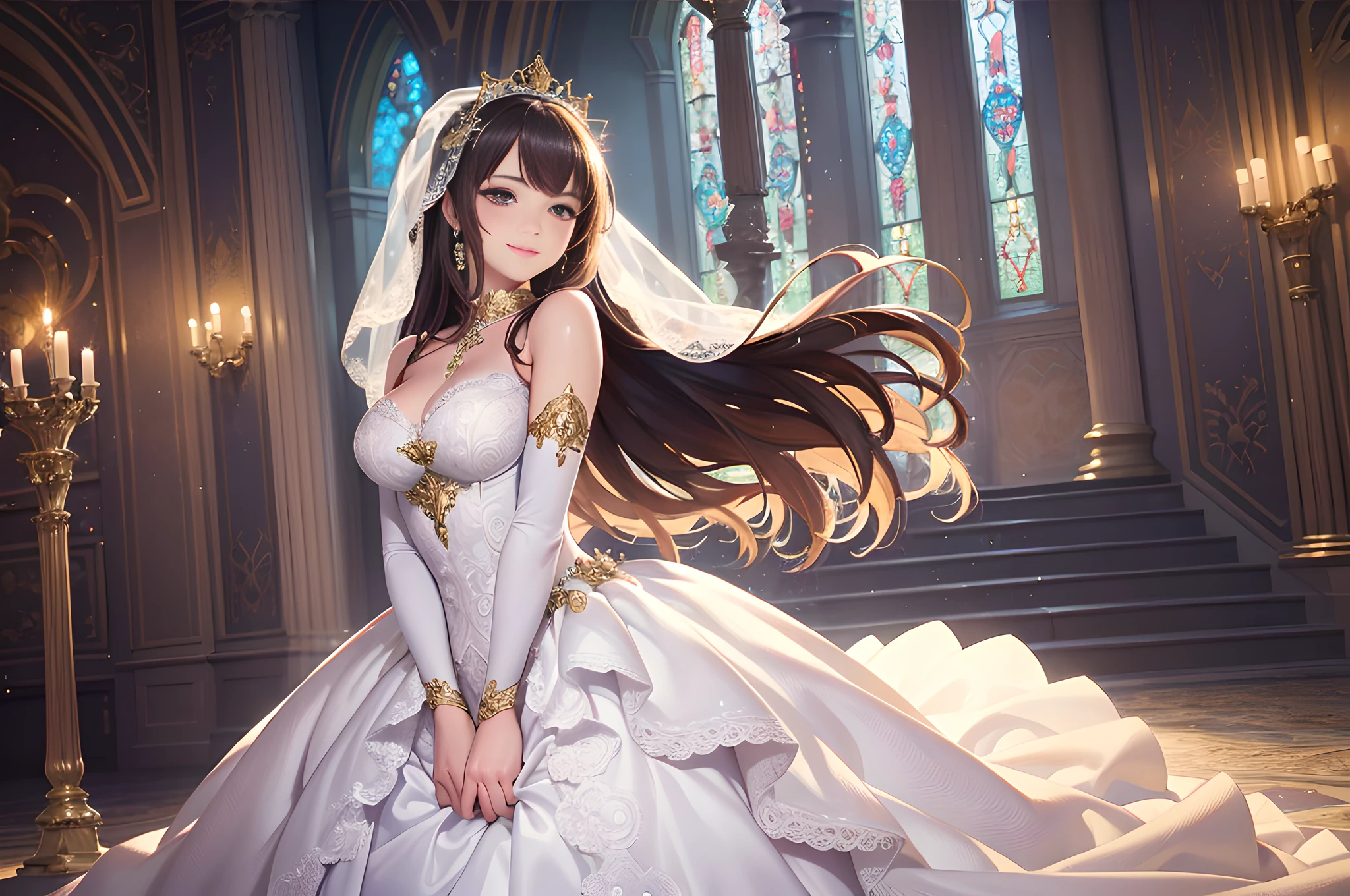 (best quality, masterpiece:1.2), (realistic:1.3),
(ultra-detailed background, detailed background), bokeh,
gorgeous prom dresses, luxury prom dresses, wedding dress, bridal veil, bridal gauntlets, bridal cascading bouquet,
upper body,
wedding at church,
1girl, cute, age, posing, smiling,
dynamic angle, dynamic pose,
very long hair