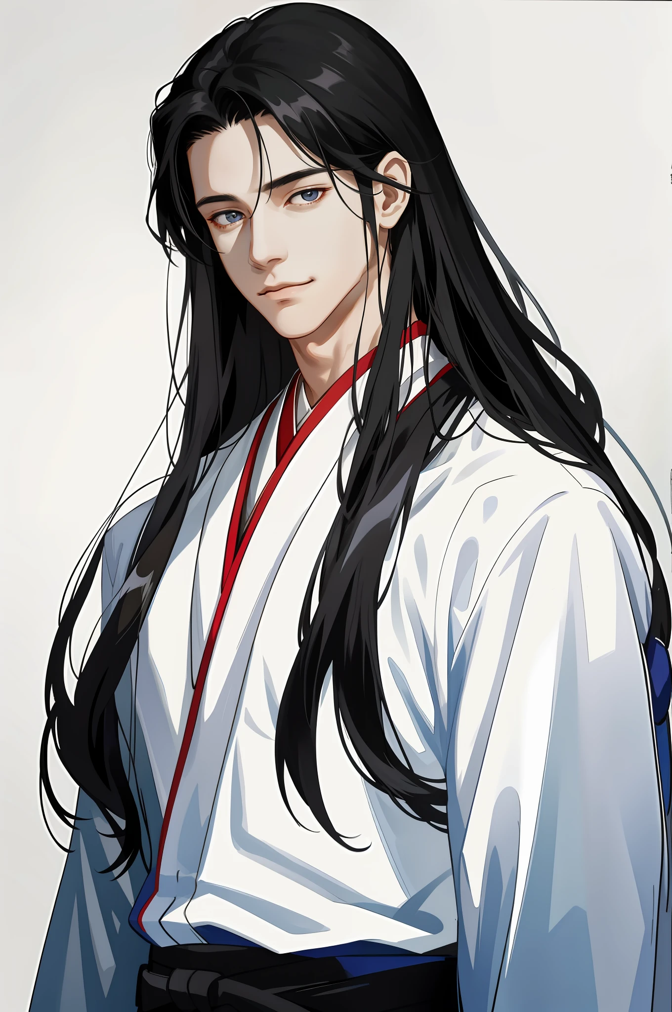 Masterpiece, Excellent, Man, Handsome, Long Black Hair, White Hanfu, Adult, Fine Eye and Face Portrayal, Masculinity, Masculinity, Portrait, Upper Body, Gentle Smile, 8K, Front Light, Face Glow, No Shadow on Face