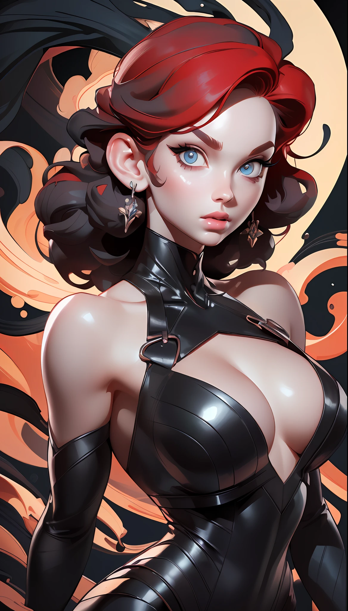 (Masterpiece), (Best Quality), (Realistic: 1.3), 8k, Detailed skin texture, Beautiful detail face, gorgeous eyes and very intricate details, Black Widow, Short hair, Pure black leather clothing, Pure red hair, Full body, Perspective composition, Exaggerated composition, Perfect composition, Close-up of face, Perfect eyes, Large perspective, Dynamic composition,