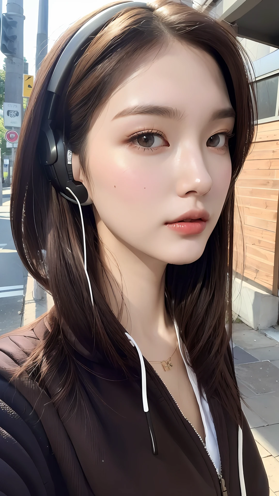 (Best quality, High resolution, Masterpiece :1.3), A tall and pretty woman, Slender figure, (Dark brown short hair), Wearing headphones, Sweatshirt, At street, Details exquisitely rendered in the face and skin texture, Detailed eyes, Double eyelid