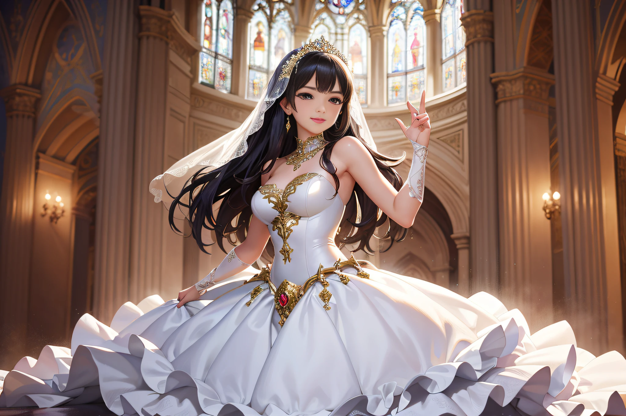 (best quality, masterpiece:1.2), (realistic:1.3),
(ultra-detailed background, detailed background), bokeh,
gorgeous prom dresses, luxury prom dresses, wedding dress, bridal veil, bridal gauntlets, bridal cascading bouquet,
upper body,
wedding at church,
1girl, cute, age, posing, smiling,
dynamic angle, dynamic pose,
very long hair