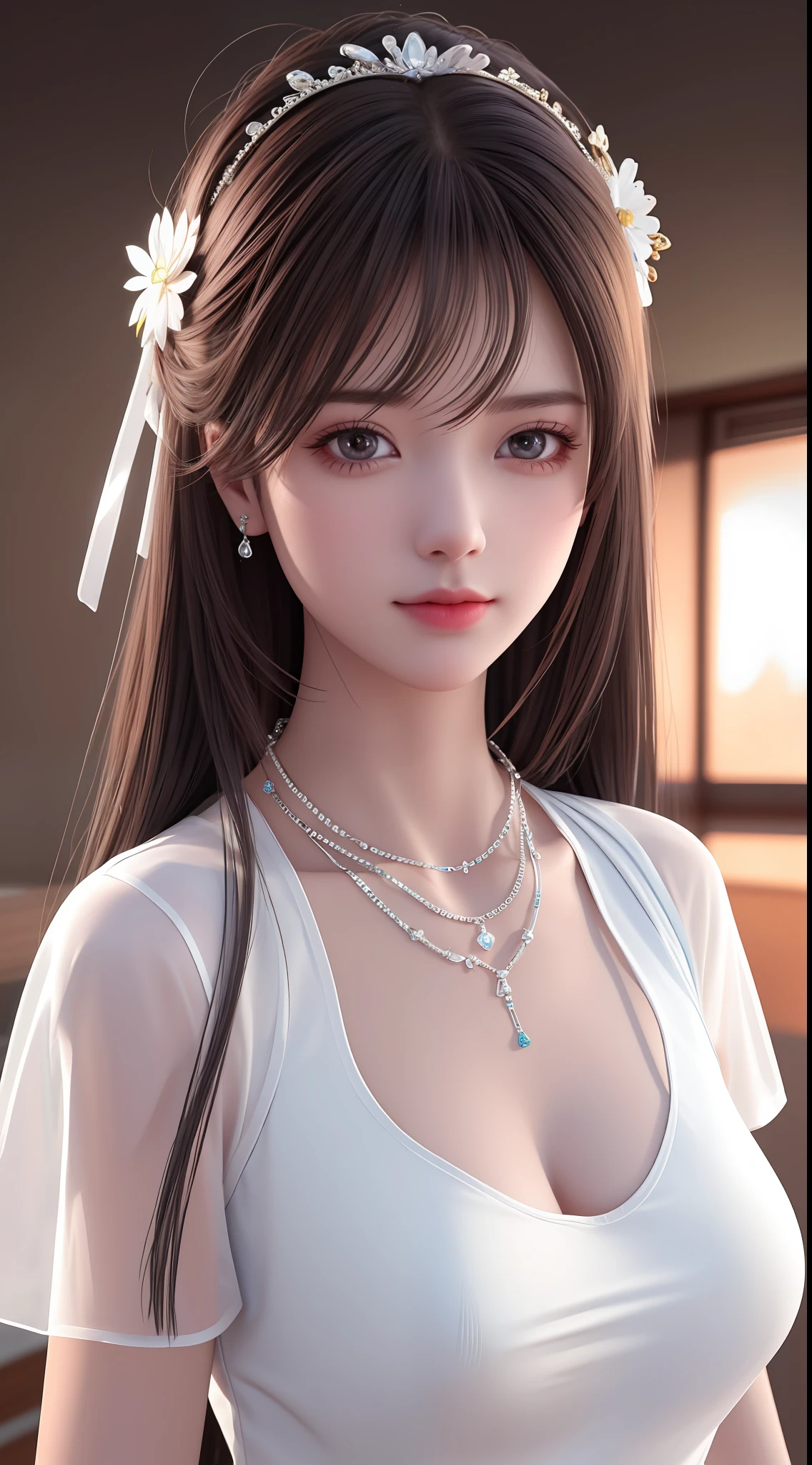 Best Quality, Masterpiece, High Resolution, 1Girl, Clear T-Shirt Vacuum Nude, Hair Accessories, Necklaces, Jewelry, Beautiful Face, Physical, Tyndall Effect, Realistic, Shadow Studio, Edge Lighting, Two-Color Lighting, (High Detail Skin: 1.2), 8K UHD, DSLR, Soft Light, High Quality, Volumetric Light, Photo, High Resolution, 4K, 8K, Background Blur, Skin Real