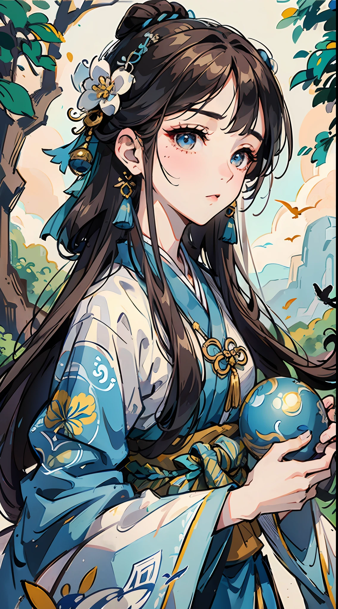surrounded by birds, ,landscape,ink style, Hanfu, female, line draft, wearing blue Hanfu, has a good face, fair and smooth skin, delicate face, sharp eyes, clear eyebrows, ultra HD, the painting style refers to Song Huizong and Wu Guanzhong, the style of the ancient Sui and Tang Dynasties,wind dancing posture,--ar 9:16 --niji 5 --s 400 --style expressive --auto --s2