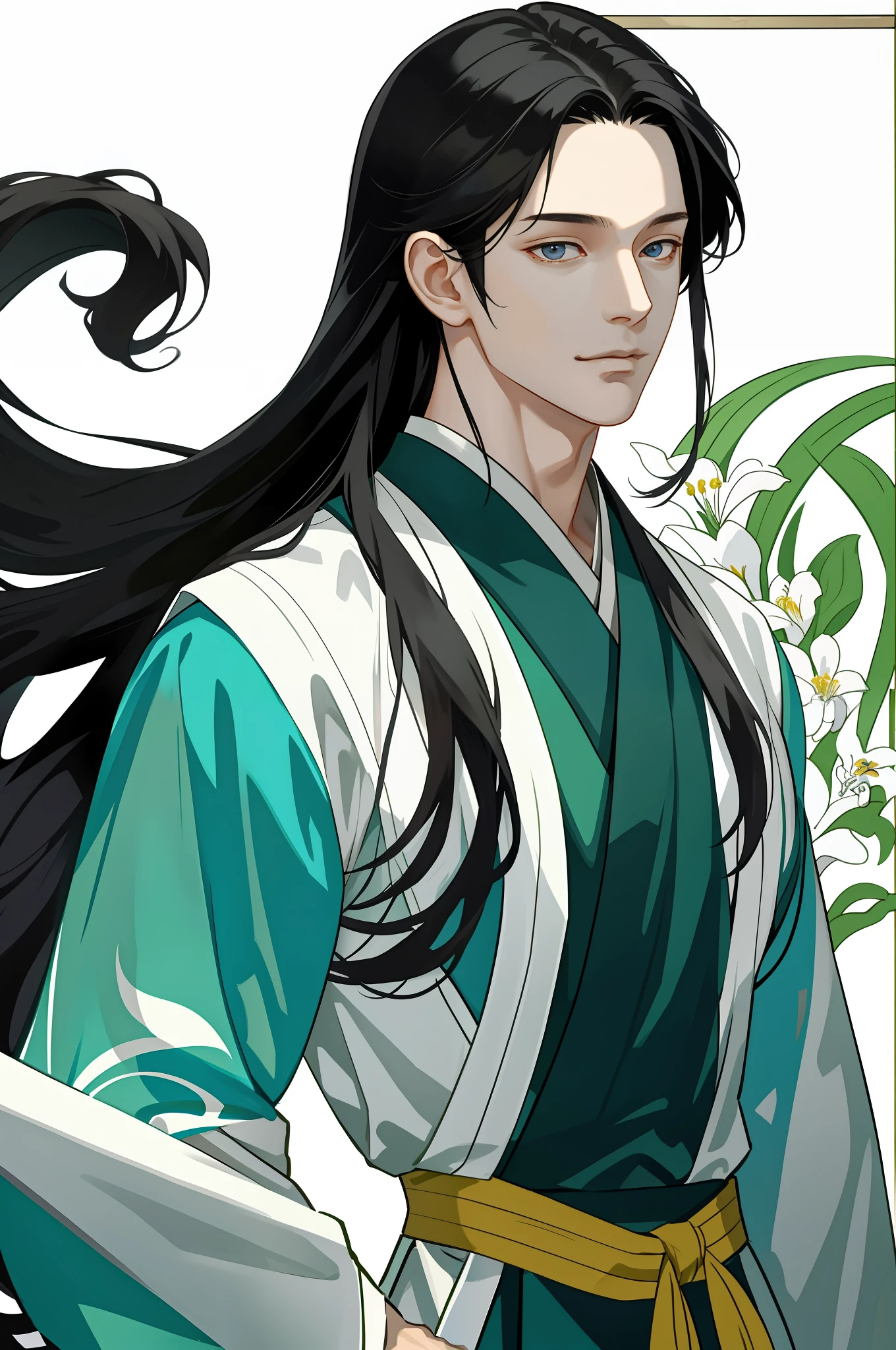 Masterpiece, Excellent, Man, Handsome, Long Black Hair, White Hanfu, Jade Pei, Adult, Fine Eye and Face Portrayal, Masculinity, Masculinity, Portrait, Upper Body, Gentle Smile, 8K, Front Light, Face Glow, Face Without Shadow