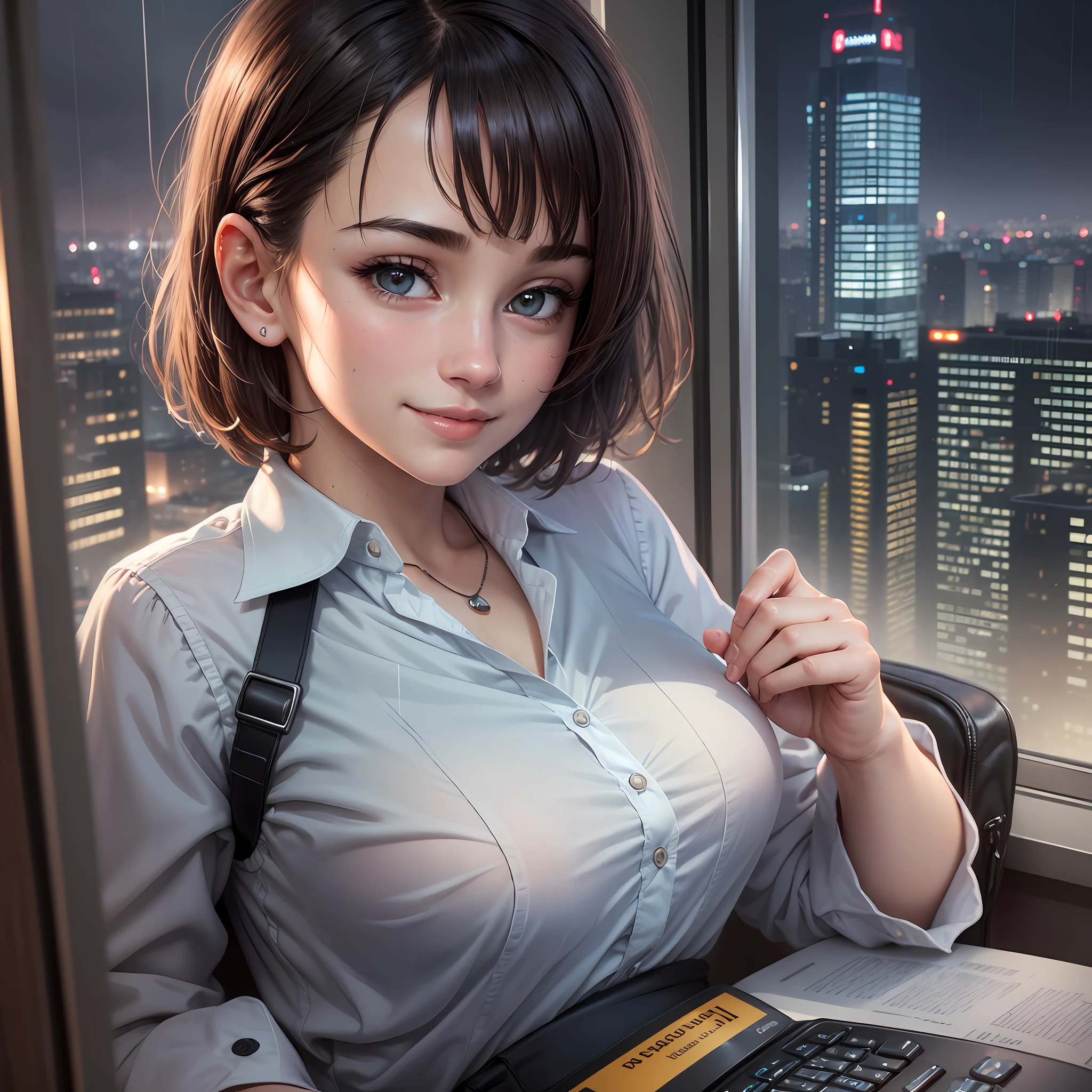 (8k, best quality, masterpiece:1.2), (realistic, photo-realistic:1.37), ultra-detailed, 1 girl,cute, solo,beautiful detailed sky,detailed office,night,sitting,(nose blush),(smile:1.15),(closed mouth) , medium breasts,beautiful detailed eyes,(collared shirt:1.1), night, wet,business attire, rain, (short hair:1.2), pureerosface_v1, computer, detail finger, beautiful detailed face, --auto --s2