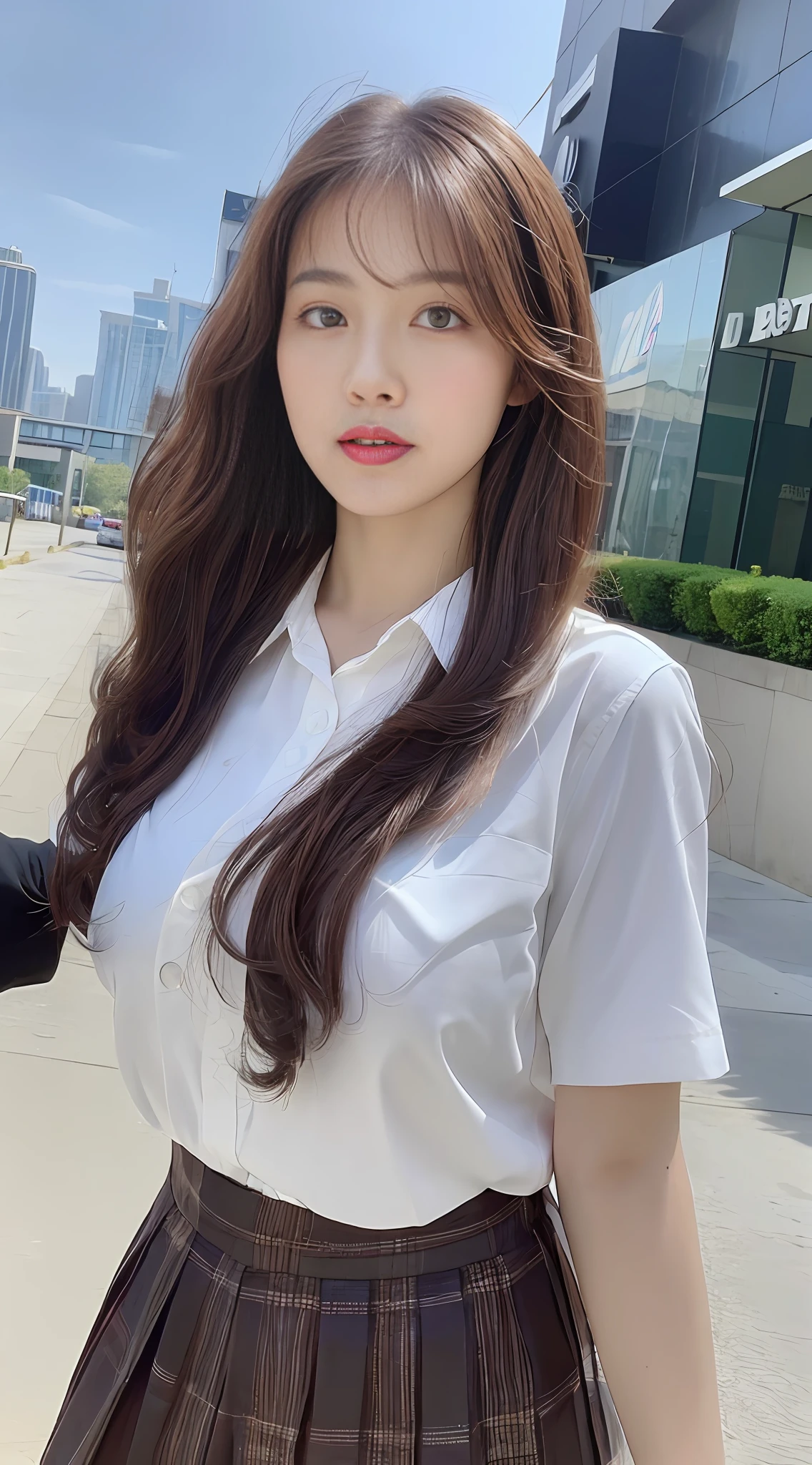 ((Realistic lighting, Best quality, 8K, Masterpiece: 1.3)), Clear focus: 1.2, 1girl, Perfect Figure: 1.4, Slim Abs: 1.1, ((Brown-red hair, Big breasts: 1.8)), Cowgirl pose, (Outdoor, Night: 1.1), City streets, Super fine face, fine eyes, double eyelids, curly hair, student uniform