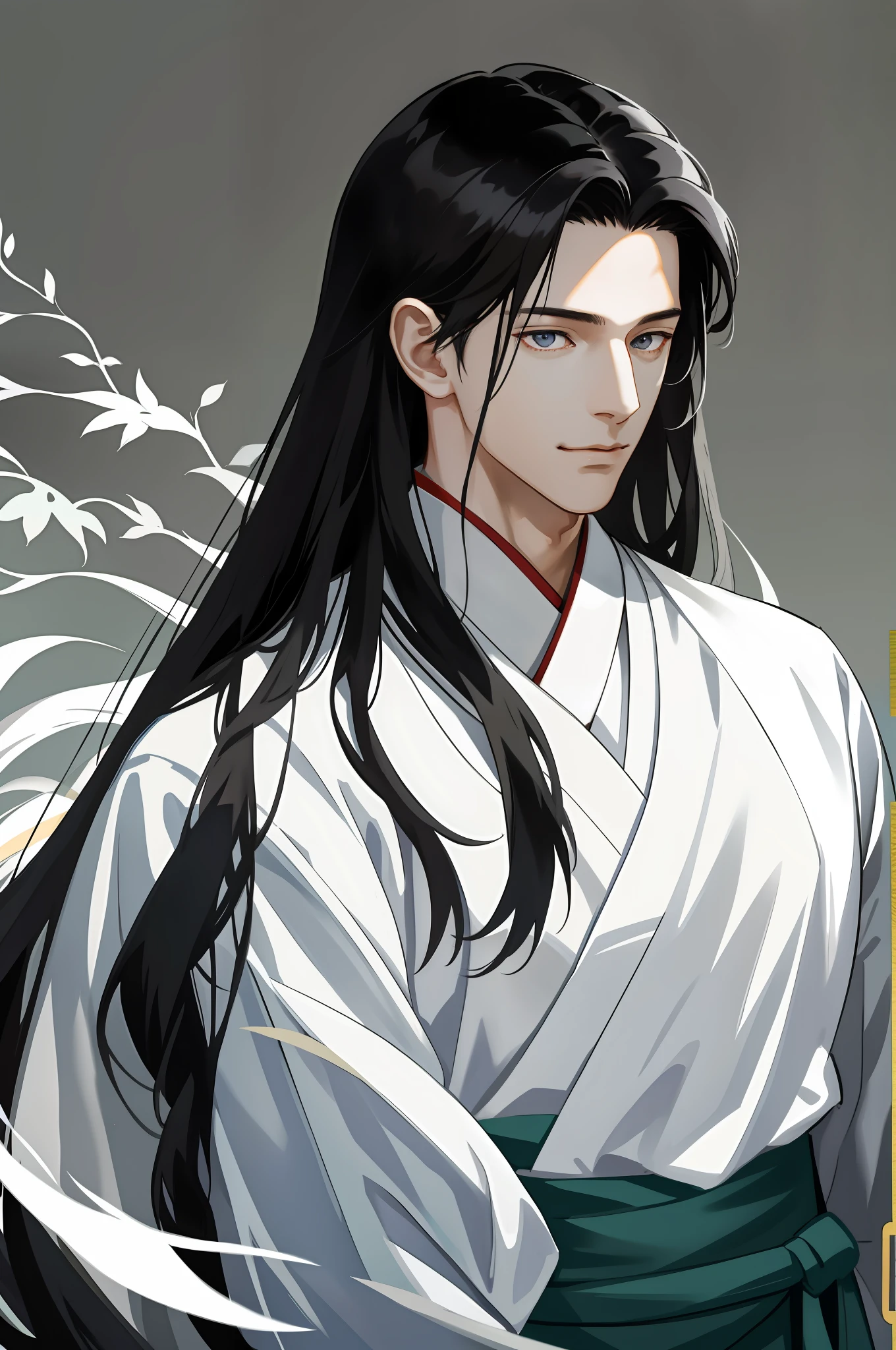 Masterpiece, Excellent, Man, Handsome, Long Black Hair, White Hanfu, Adult, Fine Eye and Face Portrayal, Masculinity, Masculinity, Portrait, Upper Body, Gentle Smile, 8K, Front Light, Face Glow, No Shadow on Face