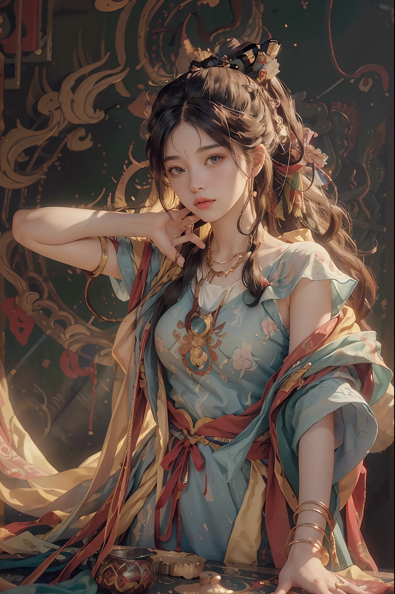 (RAW photo, best quality), (realistic, photo-realistic:1.3),best quality,highly detailed,masterpiece,ultra-detailed,illustration,1girl,upper_body,dynamic angle,world masterpiece theater,messy_long_hair,best quality,extremely detailed CG unity 8k wallpaper,ink,Amazing,cinematic lighting,lens_flare, dunhuang_style