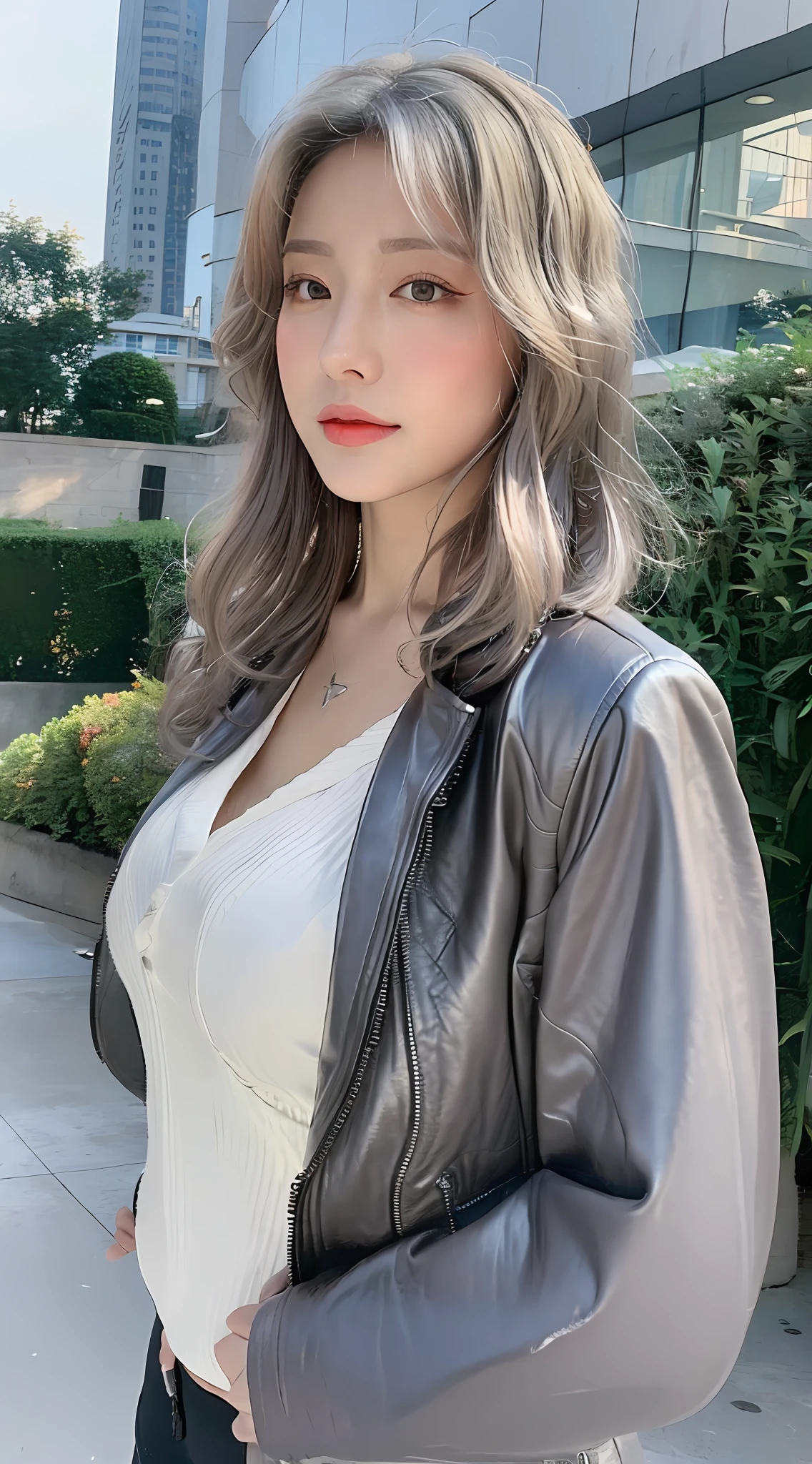 ((Realistic lighting, Best quality, 8K, Masterpiece: 1.3)), Clear focus: 1.2, 1girl, Perfect Beauty: 1.4, Slim Abs: 1.1, ((Bright silver hair, Big breasts: 1.3)), Cowgirl pose, (Outdoor, night: 1.1), City Street, Super Fine Face, Fine Eyes, Double Eyelids, Curly Hair, Leather Jacket