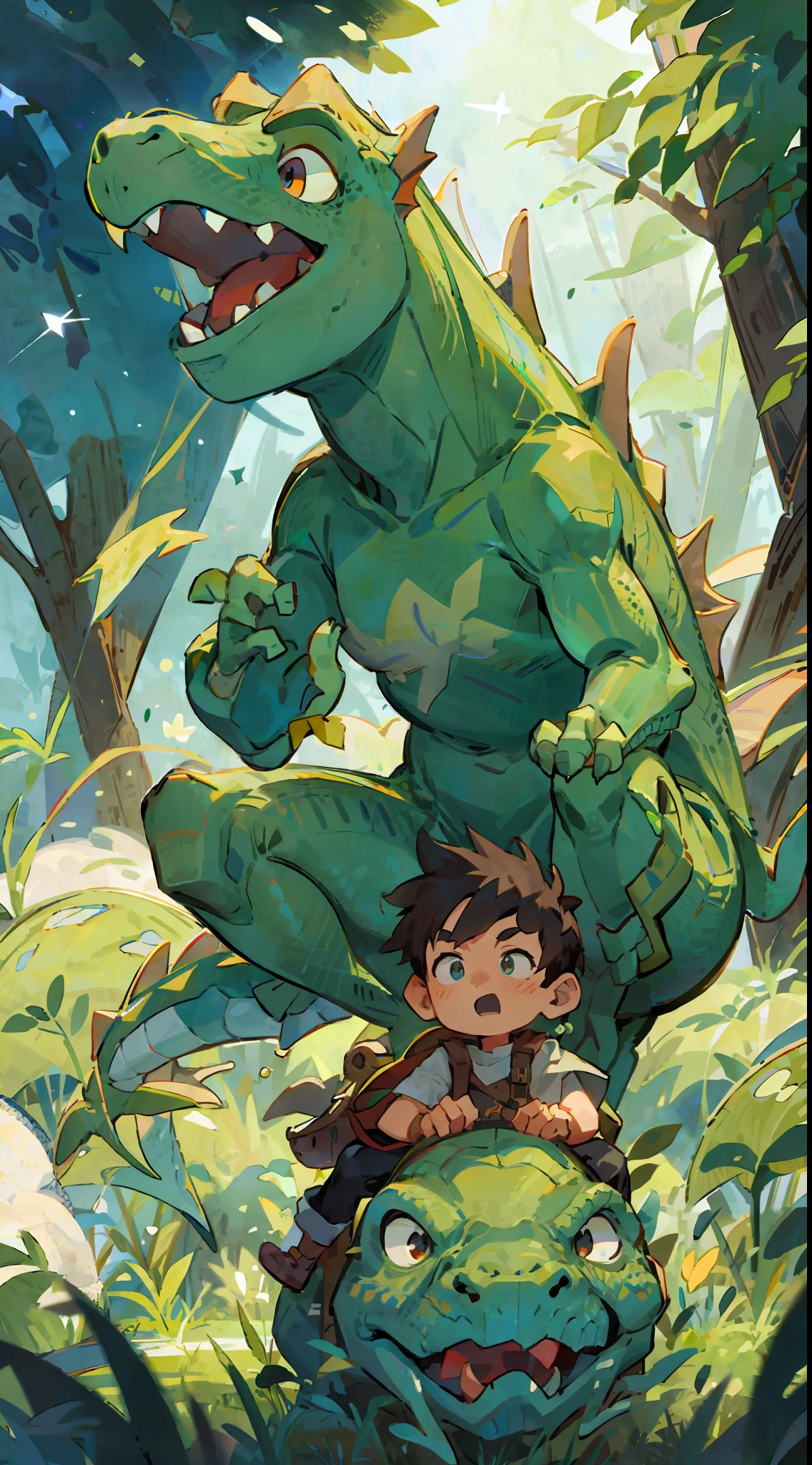 Prairie, a boy riding on the back of a dinosaur, dragon knight, night, starry