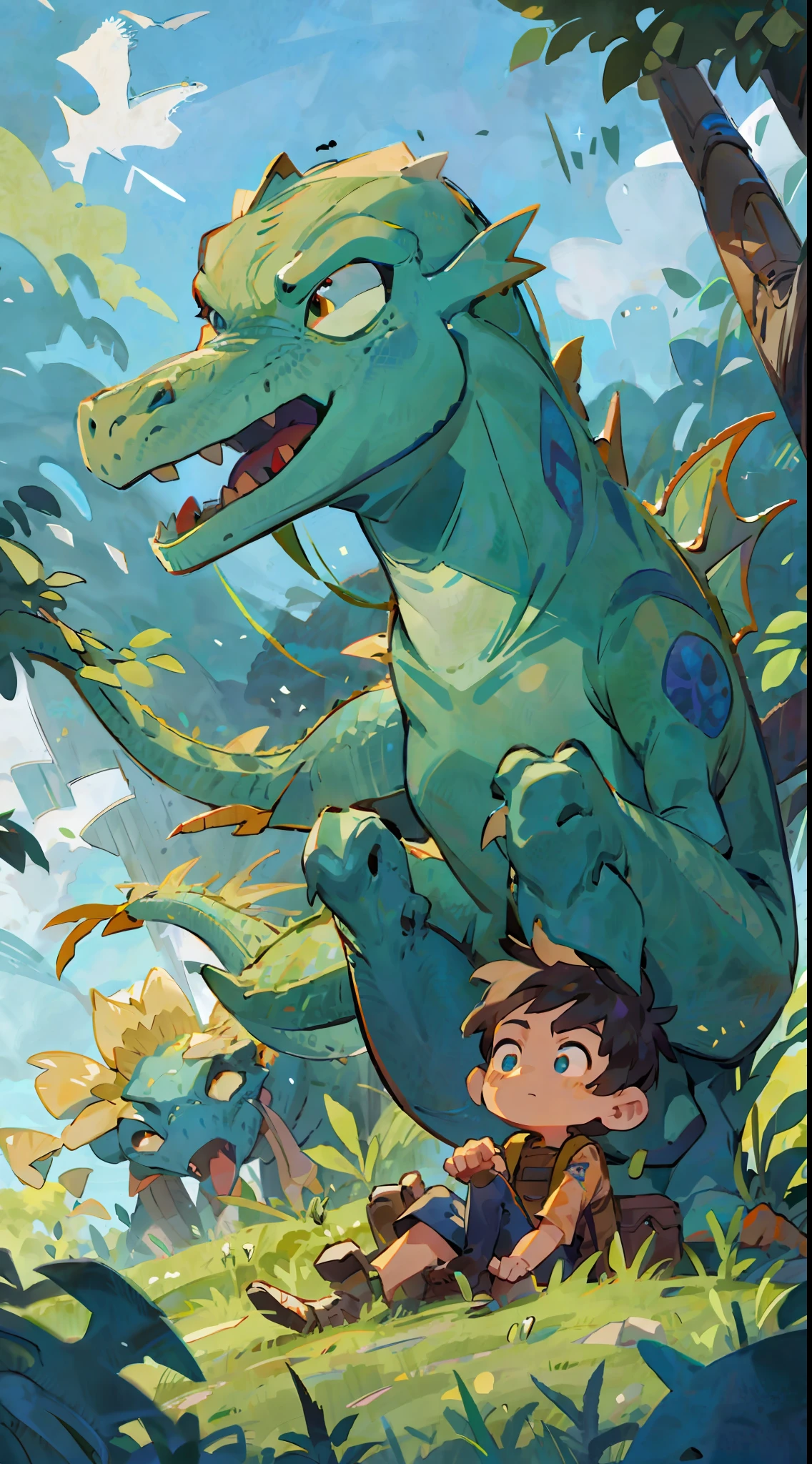Prairie, a boy riding on the back of a dinosaur, dragon knight, night, starry