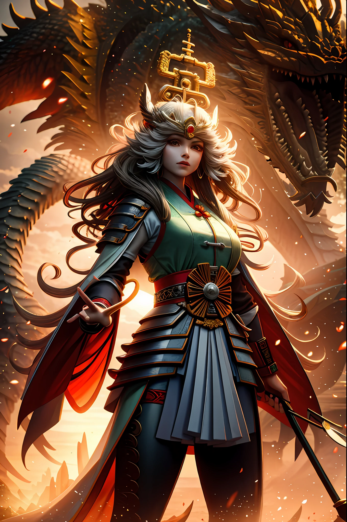 masterpiece, best quality, outdoor, mountain, at sunrise, 1girl, surrounded by a loong, one hand holding Bone jade scepter, one hand leading loong, beautiful tang dynasty costumes, hanfu tang,extremely detailed,