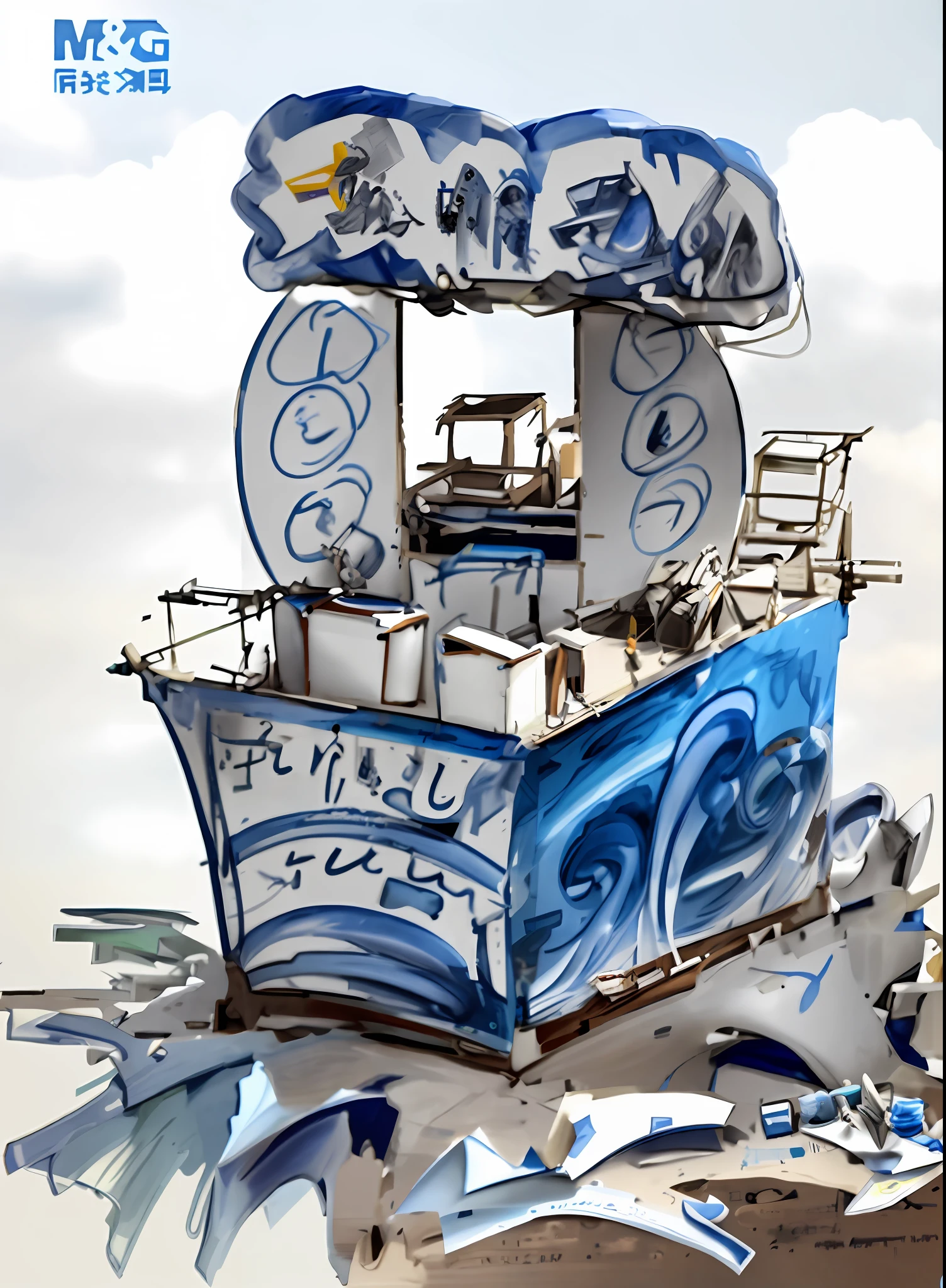 Boat-shaped table with stationery on top of it, decorative billboard, blue floor picture (splash)