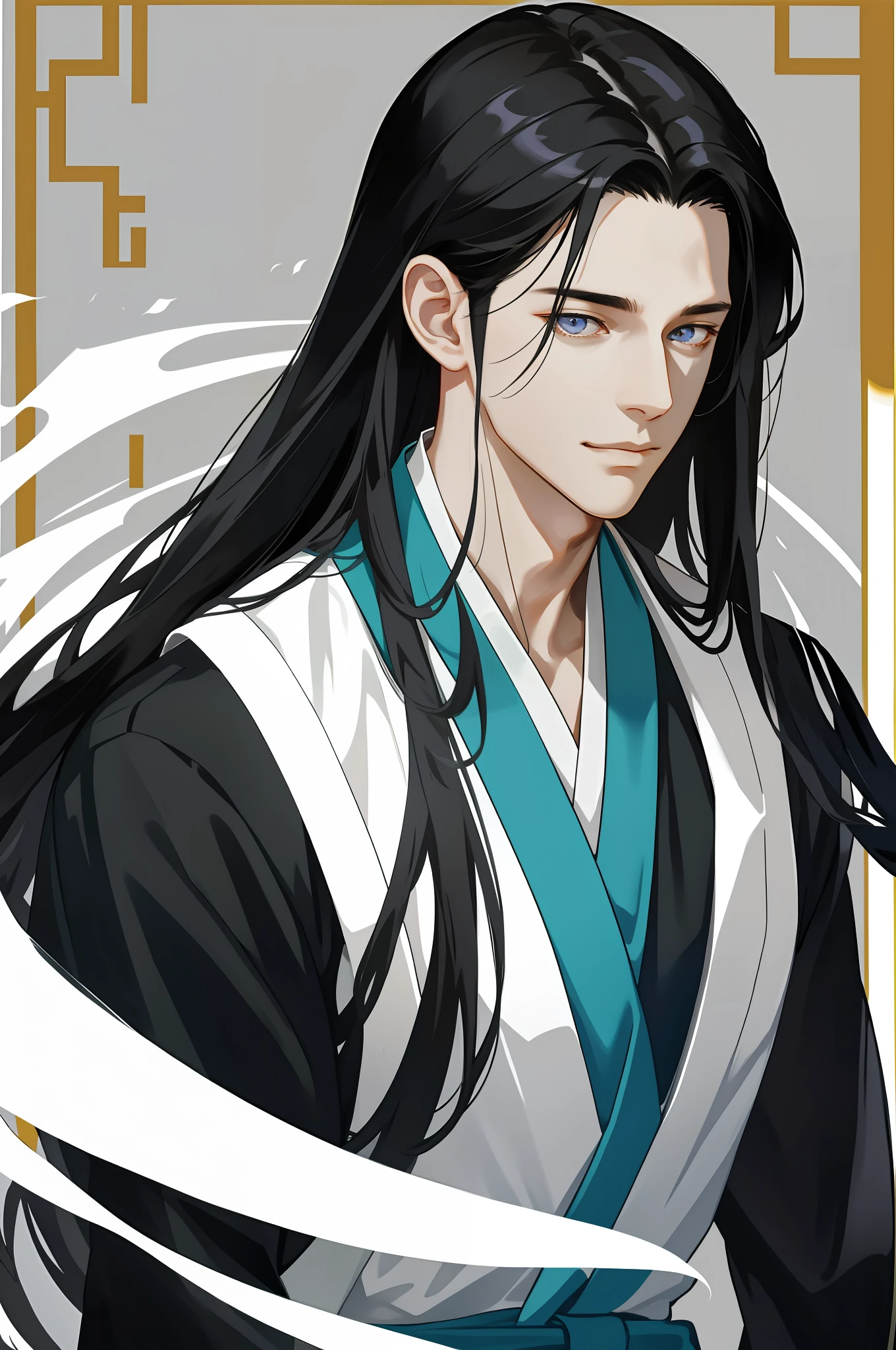 Masterpiece, Excellent, Man, Handsome, Long Black Hair, White Hanfu, Adult, Fine Eye and Face Portrayal, Masculinity, Masculinity, Portrait, Upper Body, Gentle Smile, 8K, Front Light, Glowing Face, Face Without Shadows, Ruddy Lips