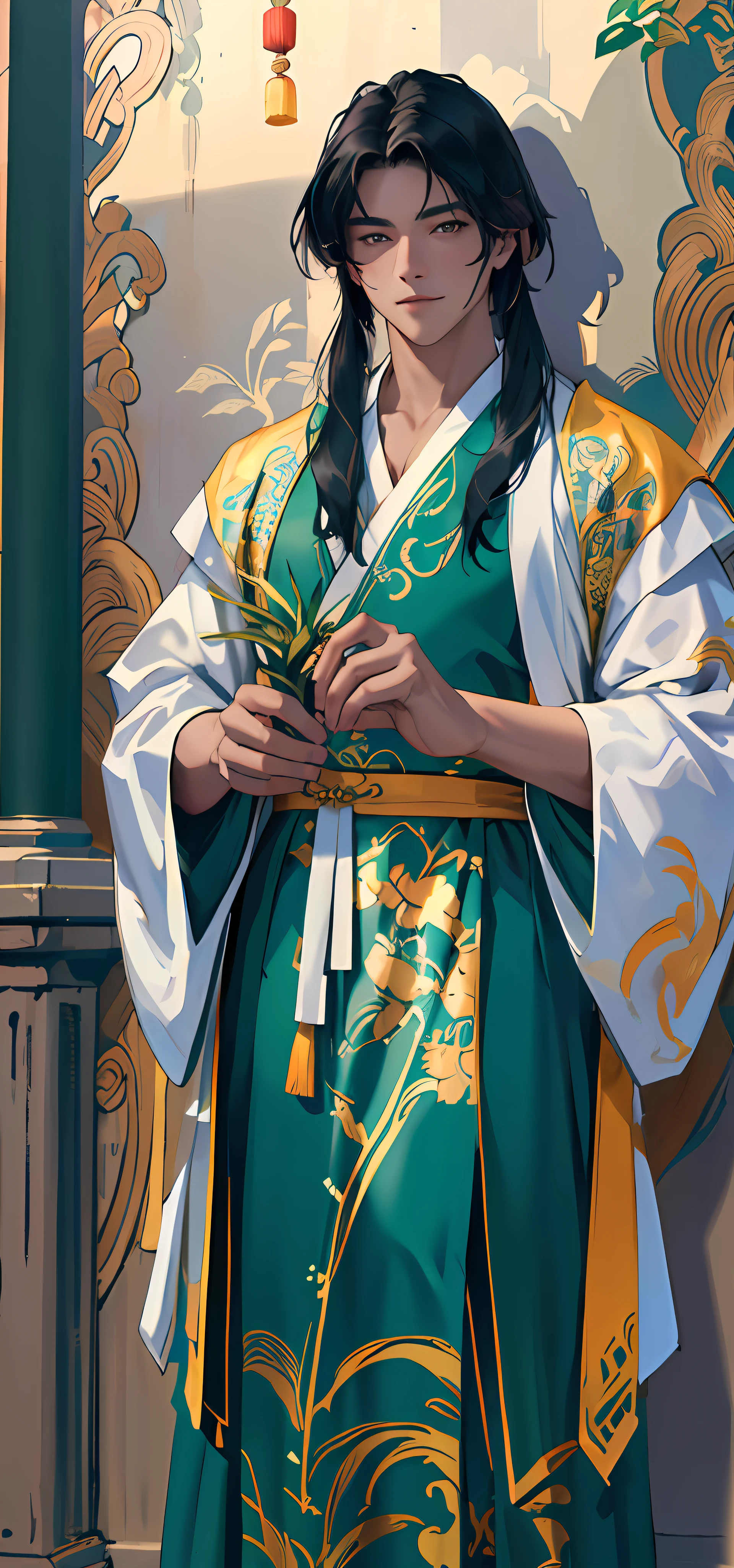 ((masterpiece)) + (best quality)), (extremely detailed+ultra-detailed), ((best light and shadow) + very beautiful), CG wallpaper presentation ,white,green,(ancient Chinese, Hanfu + Tang costume), young man in green (black hair + blue clothes), (facing the camera)，full body