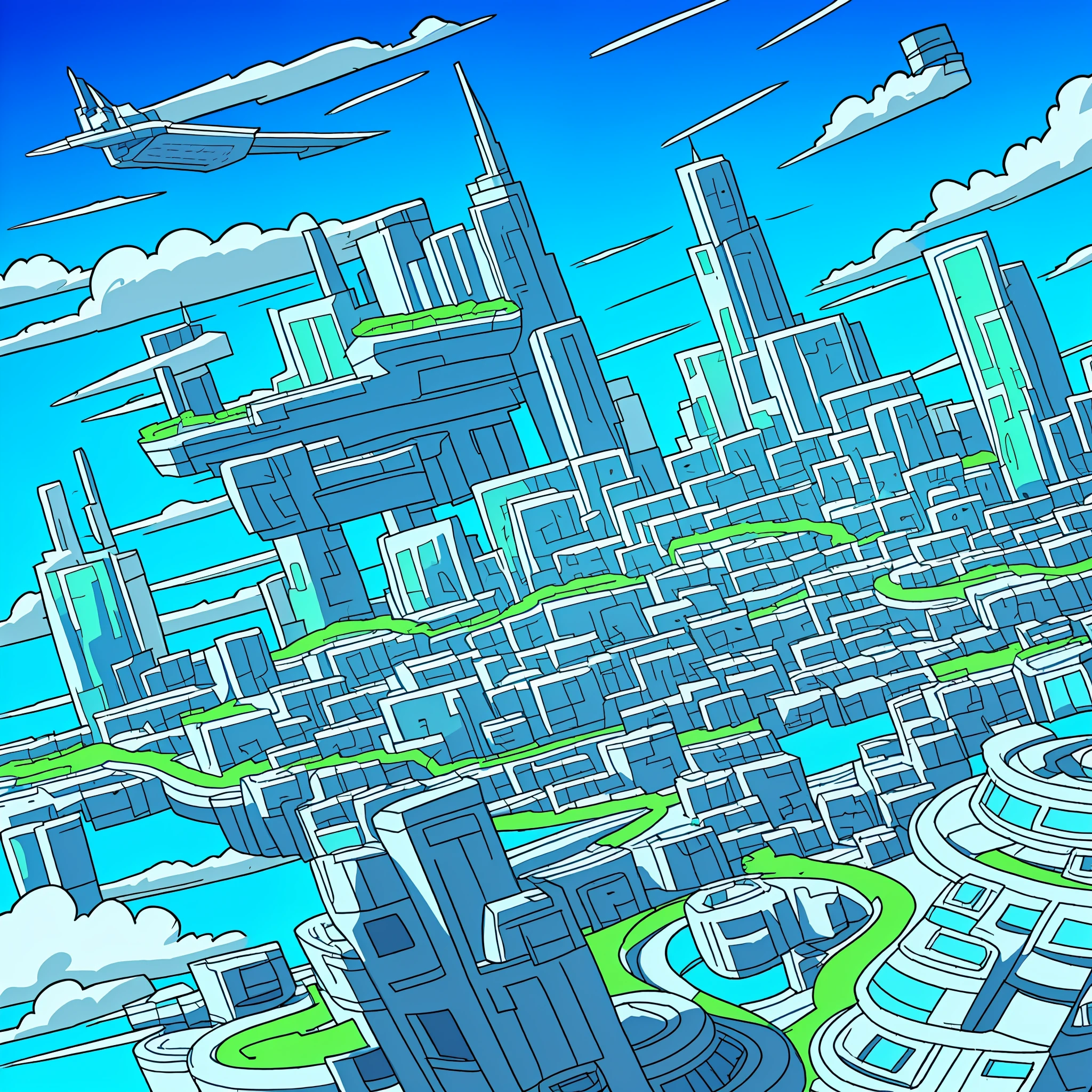 Cartoon comic with blue sky and white clouds in the background, roller coaster of towers, futuristic city complex, futuristic cityscape in anime style, tech city, hoverball robot shuttling between cities, Simpsons style, overlook perspective, outer outline with stroke