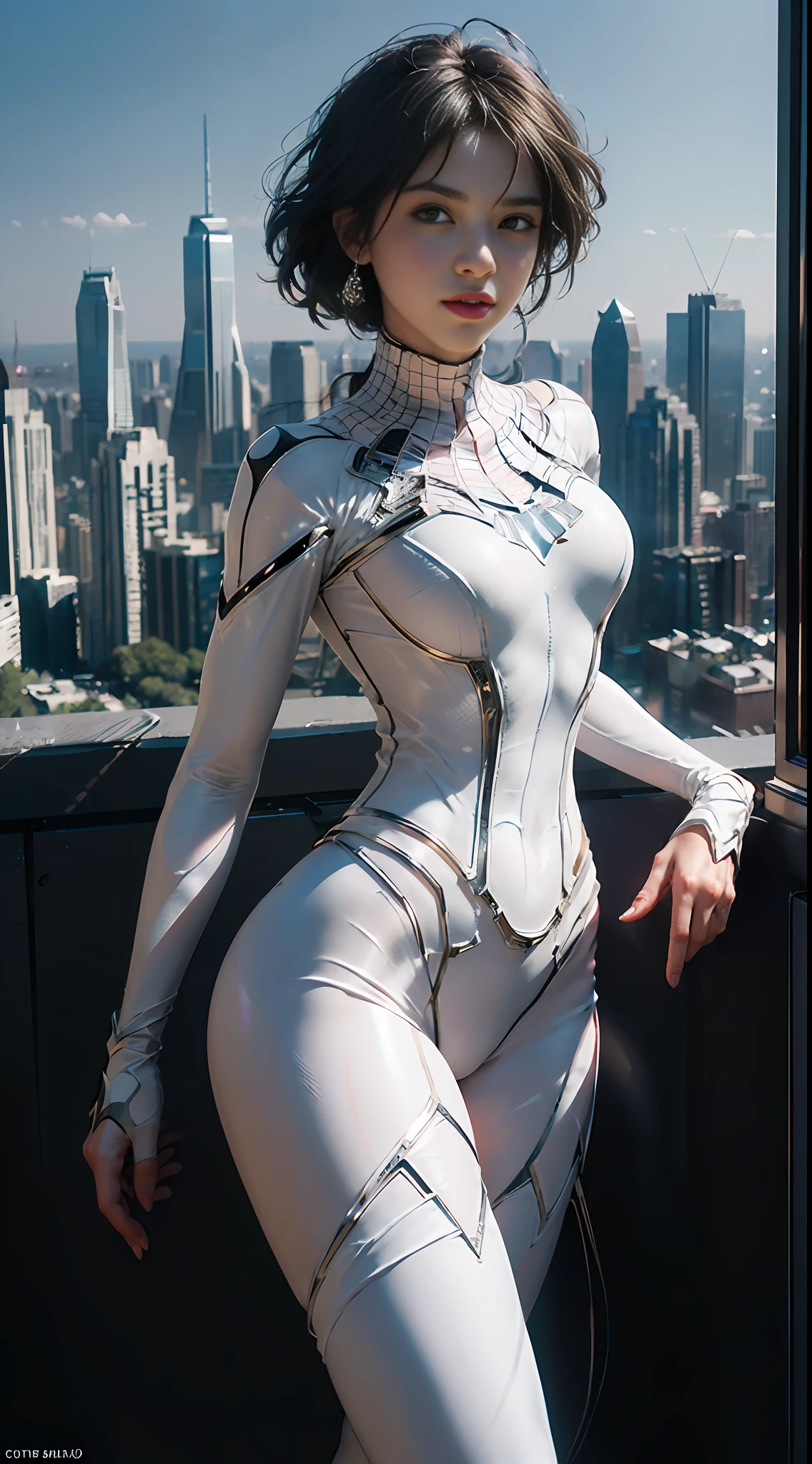 (Extreme Detail CG Unity 8K wallpaper, masterpiece, highest quality), (Exquisite lighting and shadow, highly dramatic graphics, Cinematic lens effect), (A girl in a white Spider-Man costume, from a parallel universe, city skyline in the background, dynamic pose), (excellent detail, outstanding lighting, wide angle), (excellent rendering, enough to stand out in its class)