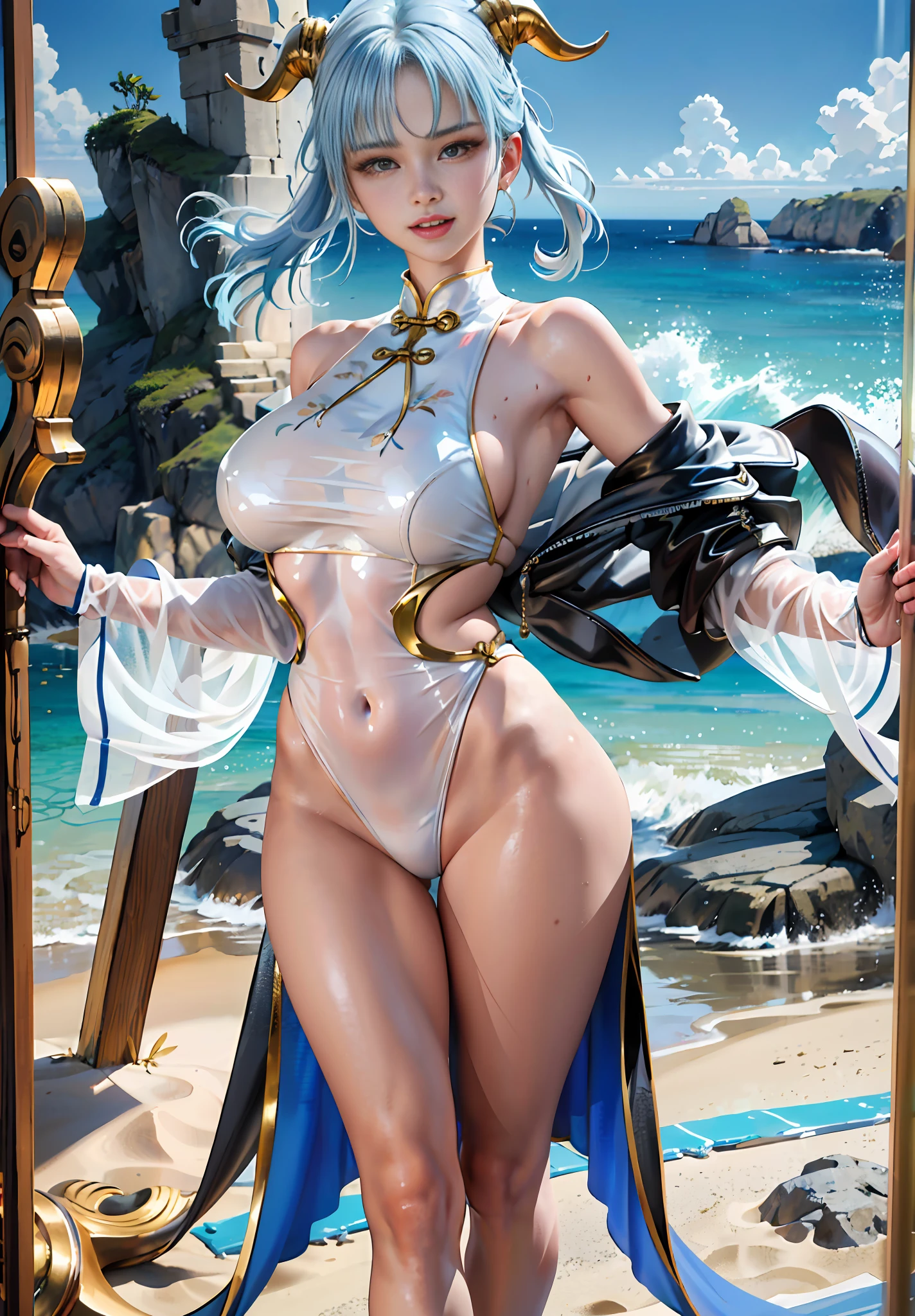 Sagging boobs, huge breasts, boobs squeezed by bikinis. huge tits。 Open your mouth and smile, showing your teeth, fangs. (NSFW: 1.98) Arad woman in bikini poses a sword on the beach, extremely detailed Artgerm, on the beach, Ross landscape background, perfect white-haired girl, seductive anime girl, like Artgerm, on the beach, beautiful seductive anime woman, Rostland !!!, Rostland style, art germ. Anime illustration on sunny beach, (oily skin)) with horns on the head and two red and yellow horns on the head. End of curl. White transparent cheongsam. (Wearing white transparent fabric cheongsam, cheongsam chest opening, highest fabric material, fabric performance 8K, physics engine calculation demonstration):: 1.8. (High-quality, detailed CG art), (beautiful light and shadow, floating effect) (1 person) (shiny hair, blue hair: 1.2 + gray hair: 1.6), when the skin between the chest and lower abdomen is wet, dripping water droplets and sweat slip together, sexy gorgeous, still photos convey a dynamic effect. (extremely detailed, well-made, highest image quality, strong specular reflection of bikinis, clear latex texture) The woman is extremely beautiful, extremely sexy, beautiful and moving, seductive, and the transparent texture of the leggings is just right, making people shine. ((NSFW, low saturation)) ((oily skin)), ((water droplets on the skin)), 1.6. The body is moist and shiny, the body is wet and shiny, the body is wet and shiny, the breasts are bigger, the ass is bigger. ((Masterpiece)), the best quality, super fine, highly realistic, wet all over, bathed in rain, every bead of sweat is clearly visible. (Masterpiece: 1.6), (Best Quality: 1.5), Ultra High Resolution, 1 Girl, Very Detailed, 8K, Beautiful, Detailed Eyes, Look at the Viewer, Intense Dark Colors, (Depth of Field), (Dynamic), (Epic), Sharp Focus, (Intricate Details: 1.86), Full Color, Nano \ (One Piece), Bangs, Bare Shoulders, Belt, Gold Striped Transparent Heart Sticker, Blue Sky, Bracelet, Breasts