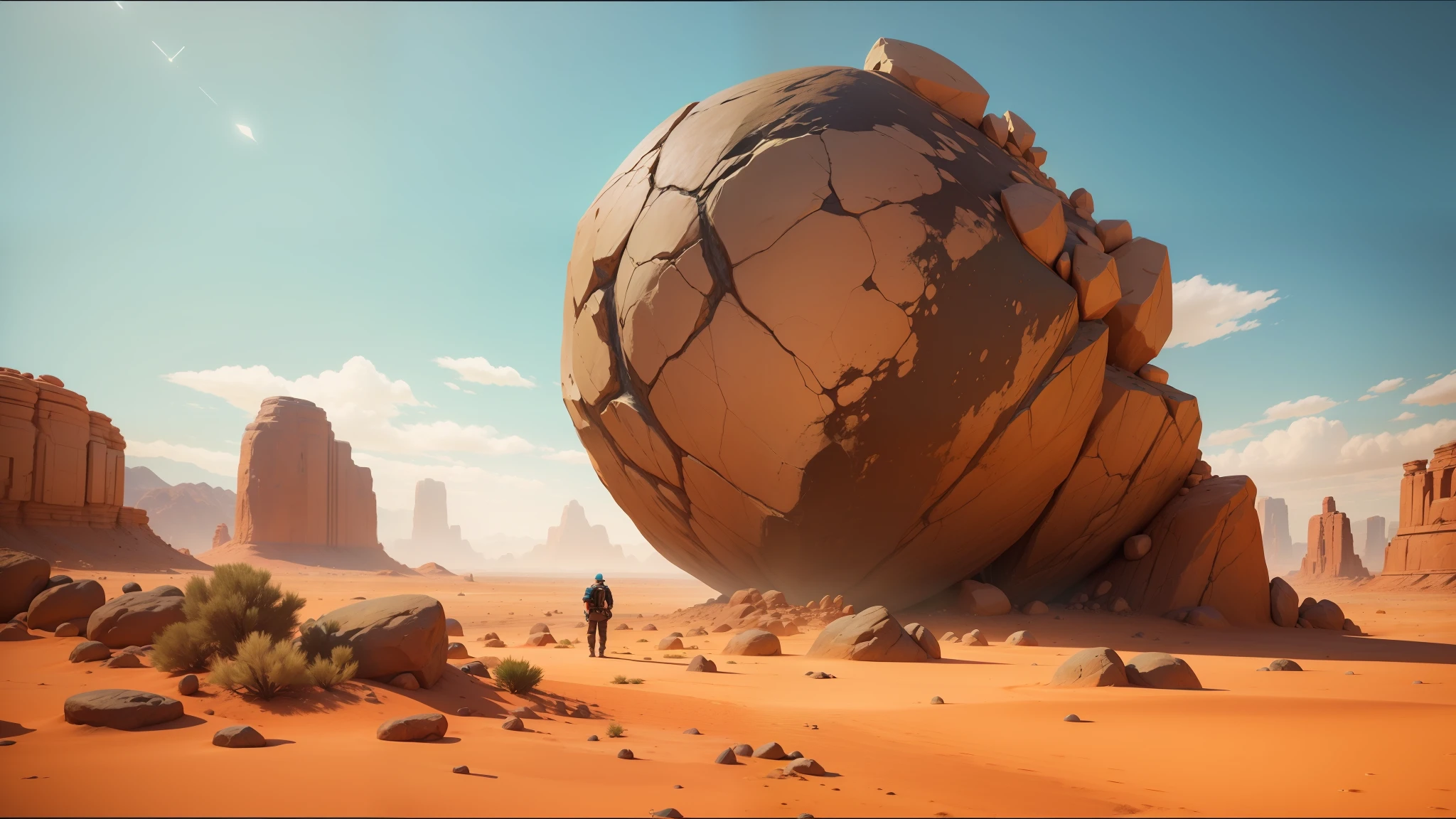 there is a man standing in the desert looking at a large rock, life simulator game screenshot, stylized pbr, holding the earth, inspired by Charles H. Woodbury, the witness, screenshot from a movie, enormous scale, the artist has used bright, utopian, screenshot