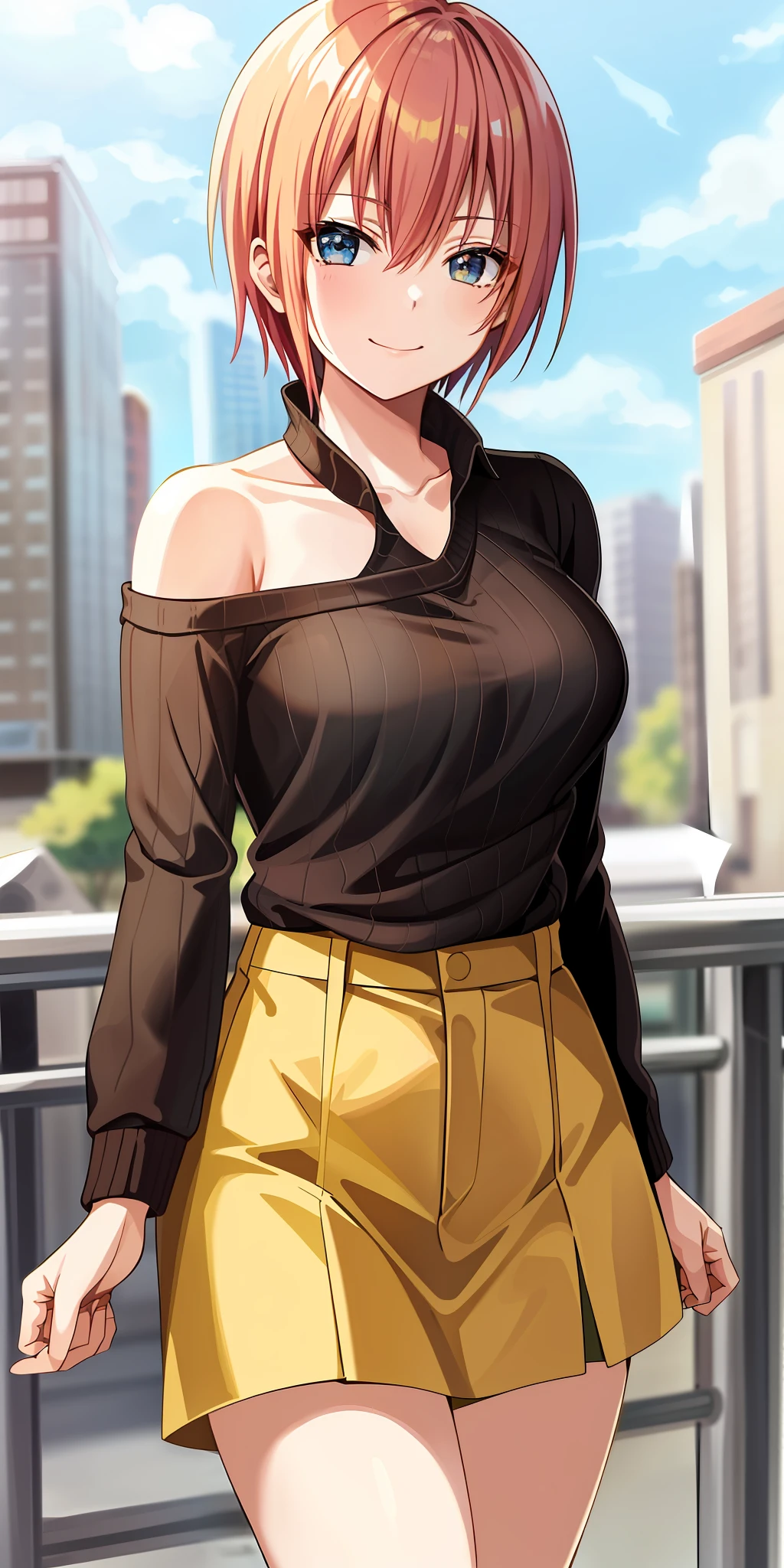 2d, masterpiece, best quality, anime, highly detailed, 1girl, solo, cowboy shot, nakano ichika, pink hair, short hair, yellow sweater, off-shoulder sweater, collarbone, long sleeves, (black bra), medium breasts, smile, outdoors, city