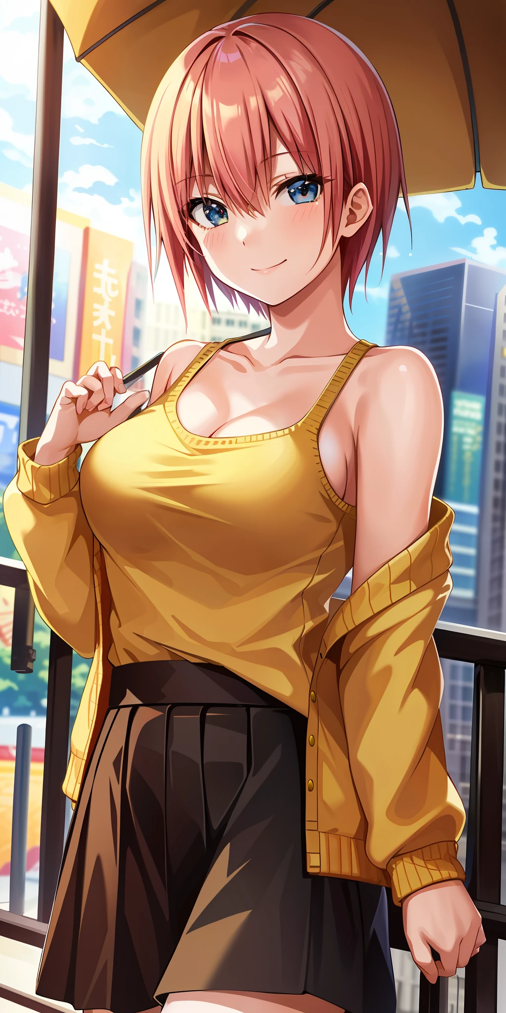 2d, masterpiece, best quality, anime, highly detailed, 1girl, solo, cowboy shot, nakano ichika, pink hair, short hair, yellow sweater, off-shoulder sweater, collarbone, long sleeves, (black bra), medium breasts, smile, outdoors, city