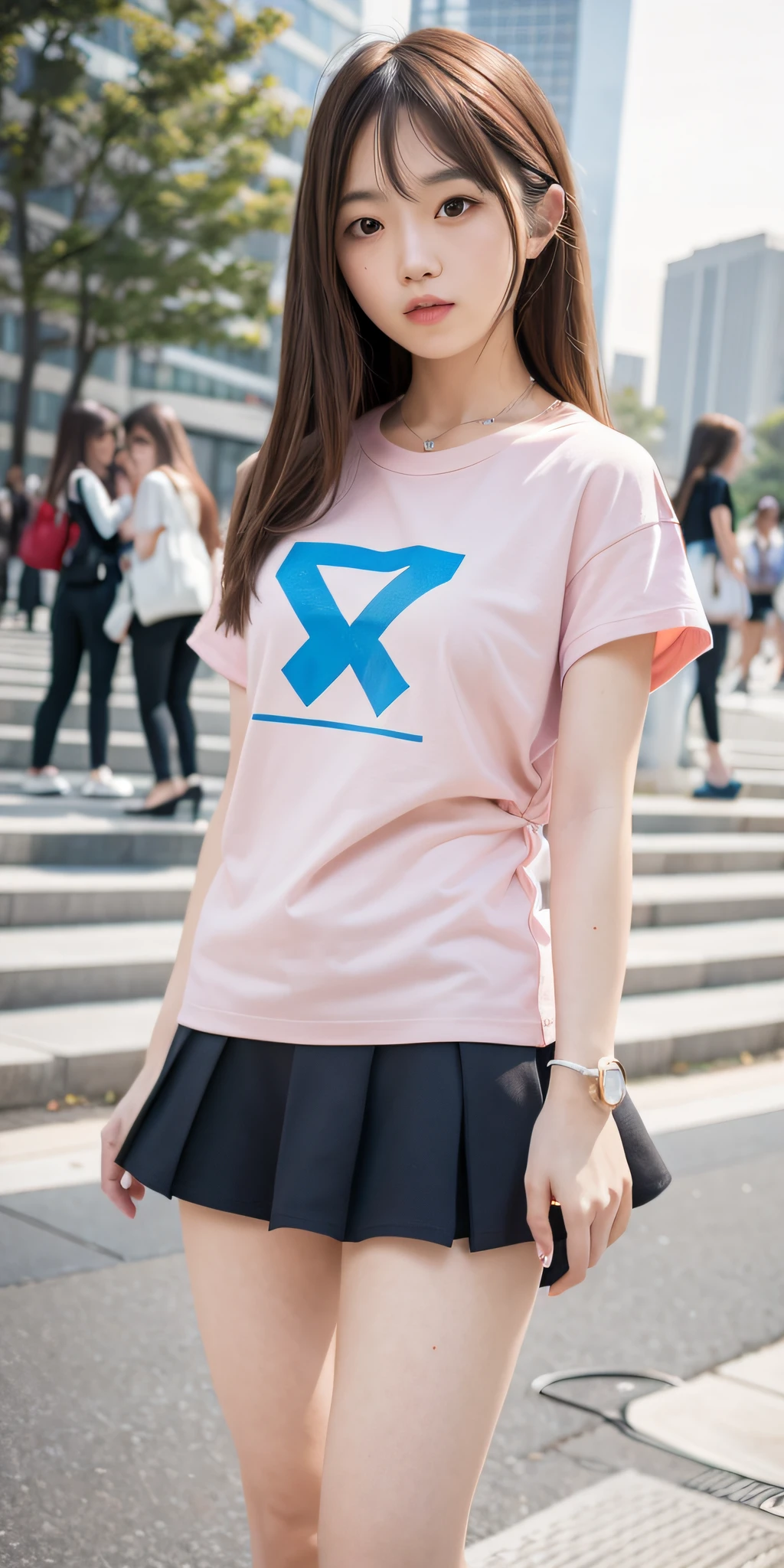 mix4, 20d, solo, long_hair, Nanase Nishino, Haruka Kaki, Miniskirt, Shirt, high_heels,full_body, look_at_viewer, (8K, RAW photography, best quality, masterpiece:1.2), (realistic, photorealism: 1.37), Professional Lighting, Photon mapping, Radio City, Physically Based Rendering