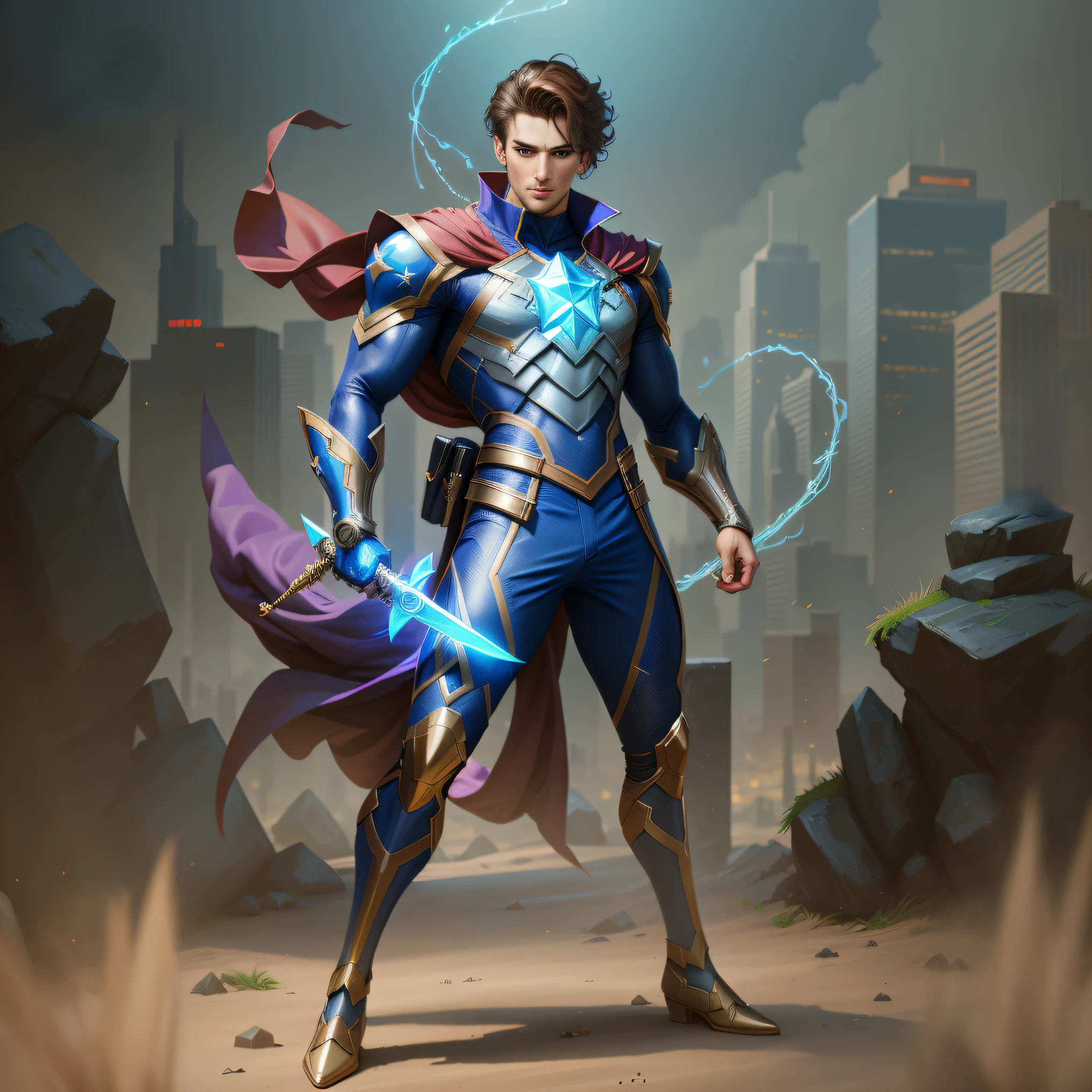 arafed male in a blue suit with a lightning bolt in his hand, hero pose colorful city lighting, full portrait of electromancer, hero character art, iconic character splash art, heroic masculine pose, by Juan Villafuerte, by Luis Miranda, official splash art, official concept art, by Alexander Sharpe Ross, artgerm jsc