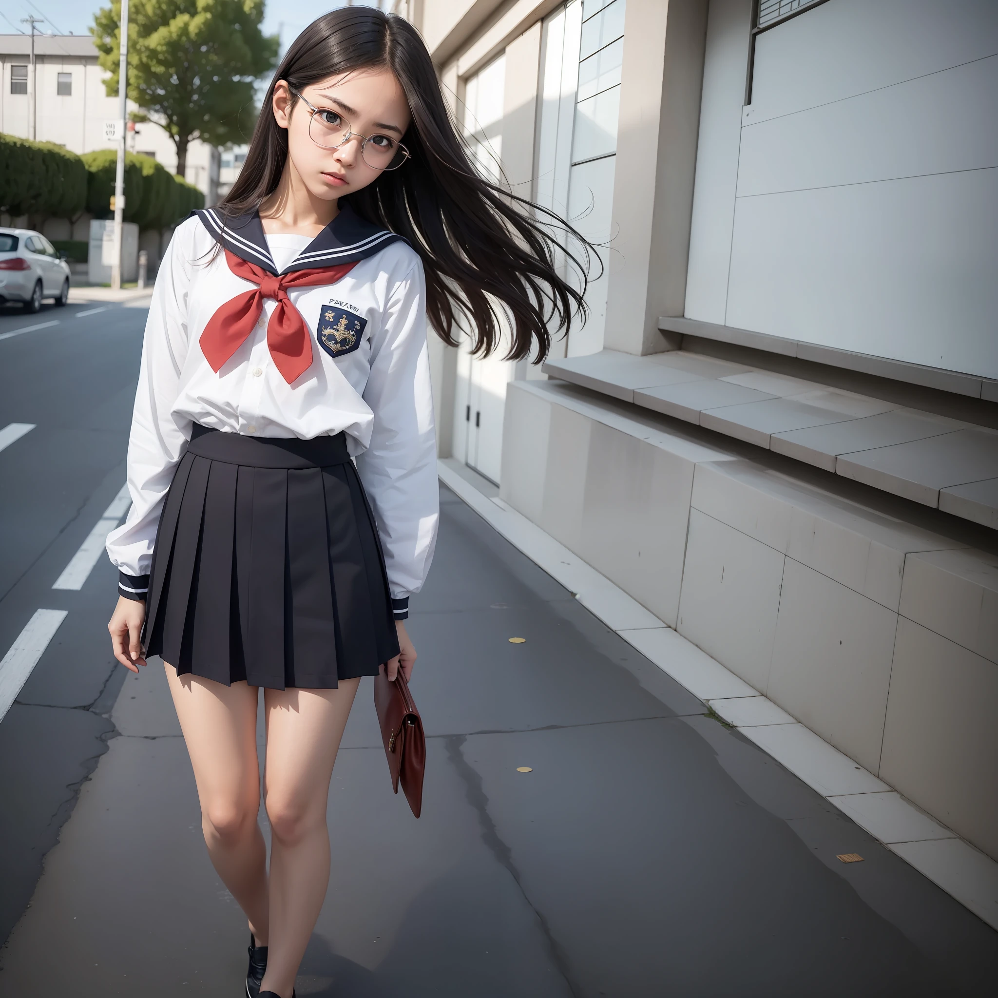 Raw photo, Candid, (Solo)), 1 girl,Full body, textured skin, ((Half eye)), (Eyes narrow)), (Medium hair:1.2), Light skin, Japan person, Glasses, small, young, Tall, Dark expression, bright black eyes, Anger, Sailor uniform, School uniform, slender body, Medium build, Small waist, Wide thighs, Photorealistic, Best Quality, 8K, Masterpiece