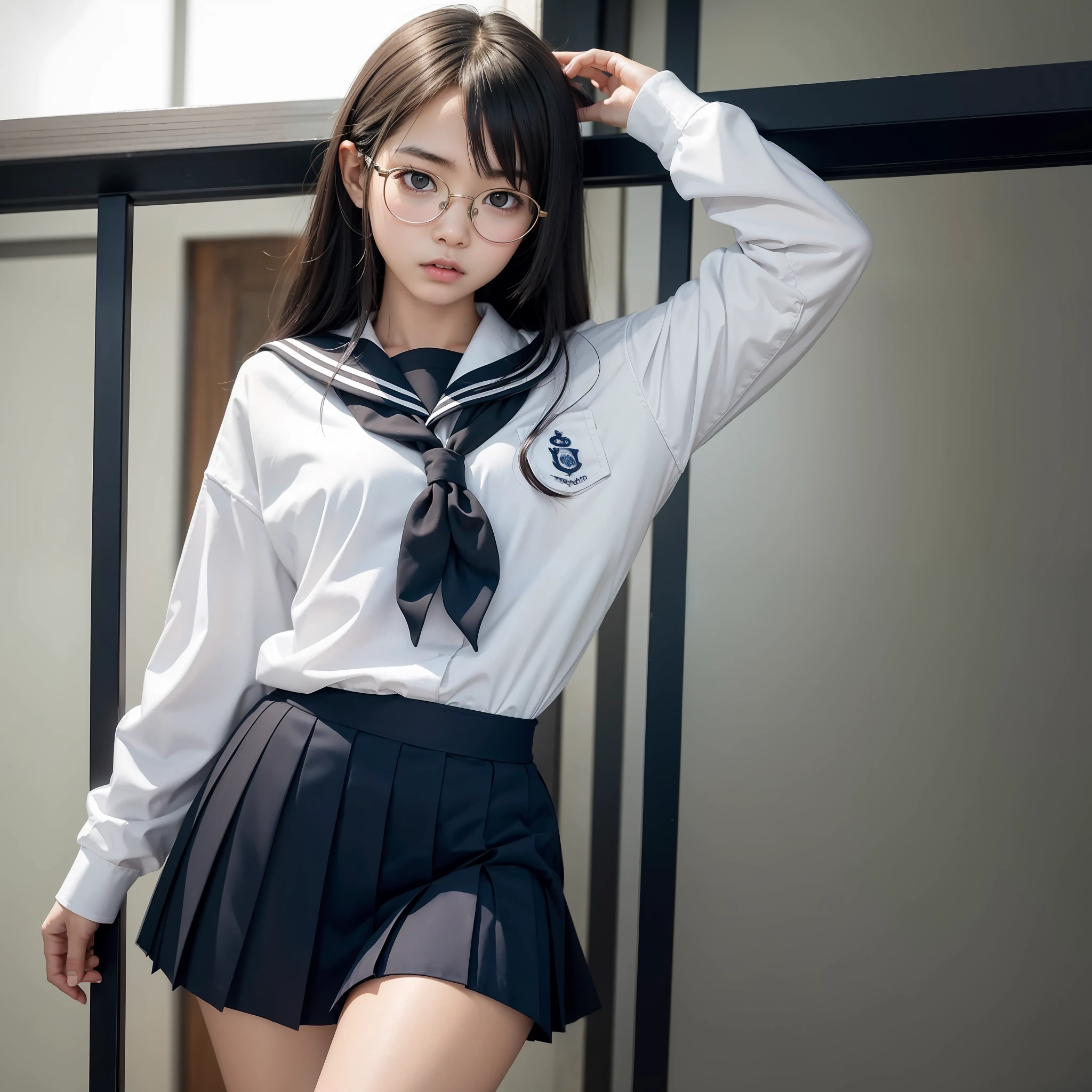 Raw photo, Candid, (Solo)), 1 girl,Full body, textured skin, ((Half eye)), (Eyes narrow)), (Medium hair:1.2), Light skin, Japan person, Glasses, small, young, Tall, Dark expression, bright black eyes, Anger, Sailor uniform, School uniform, slender body, Medium build, Small waist, Wide thighs, Photorealistic, Best Quality, 8K, Masterpiece