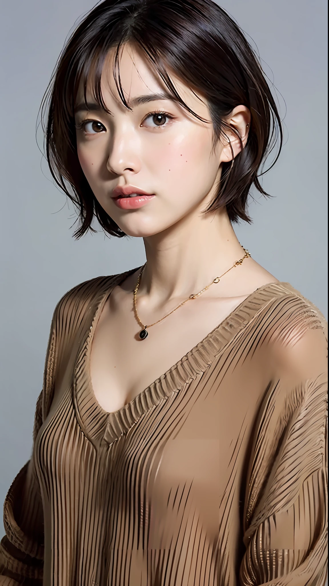(Best Quality, 8k, 32k, Masterpiece, UHD: 1.2), Cute Japan Woman Pictures, Small Breasts, Very Short Bob Hair, Upper Body, (oversized_sweater,:1.1) Necklace, Simple Background, Look Around