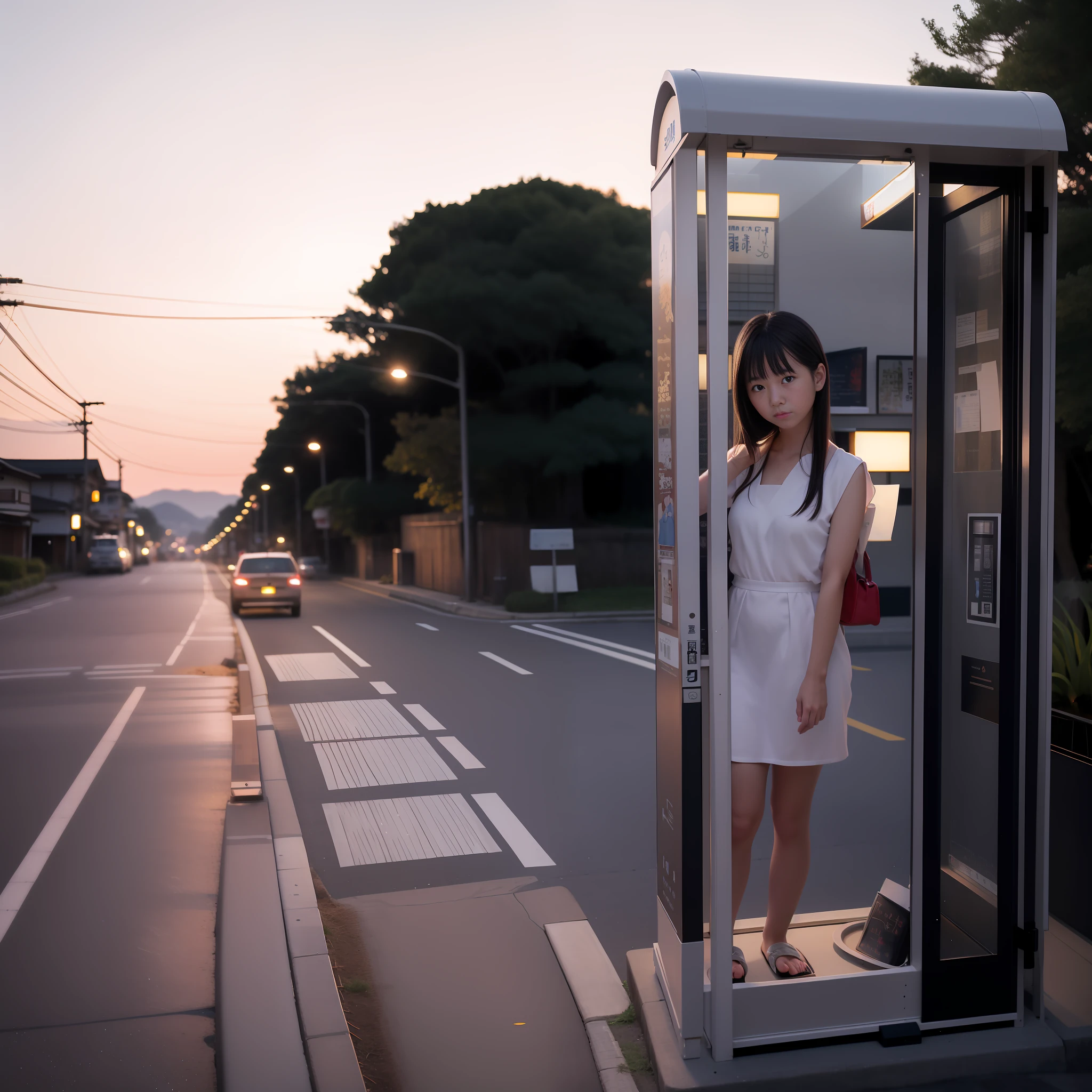 there is a woman standing in a phone booth on the side of the road, by Kiyohara Tama, portrait of a japanese teen, by Torii Kiyomoto, summer night, girl making a phone call, in a japanese town at night, brilliant, by Yanagawa Nobusada, of a youthful japanese girl, by Tadashige Ono, at twilight
