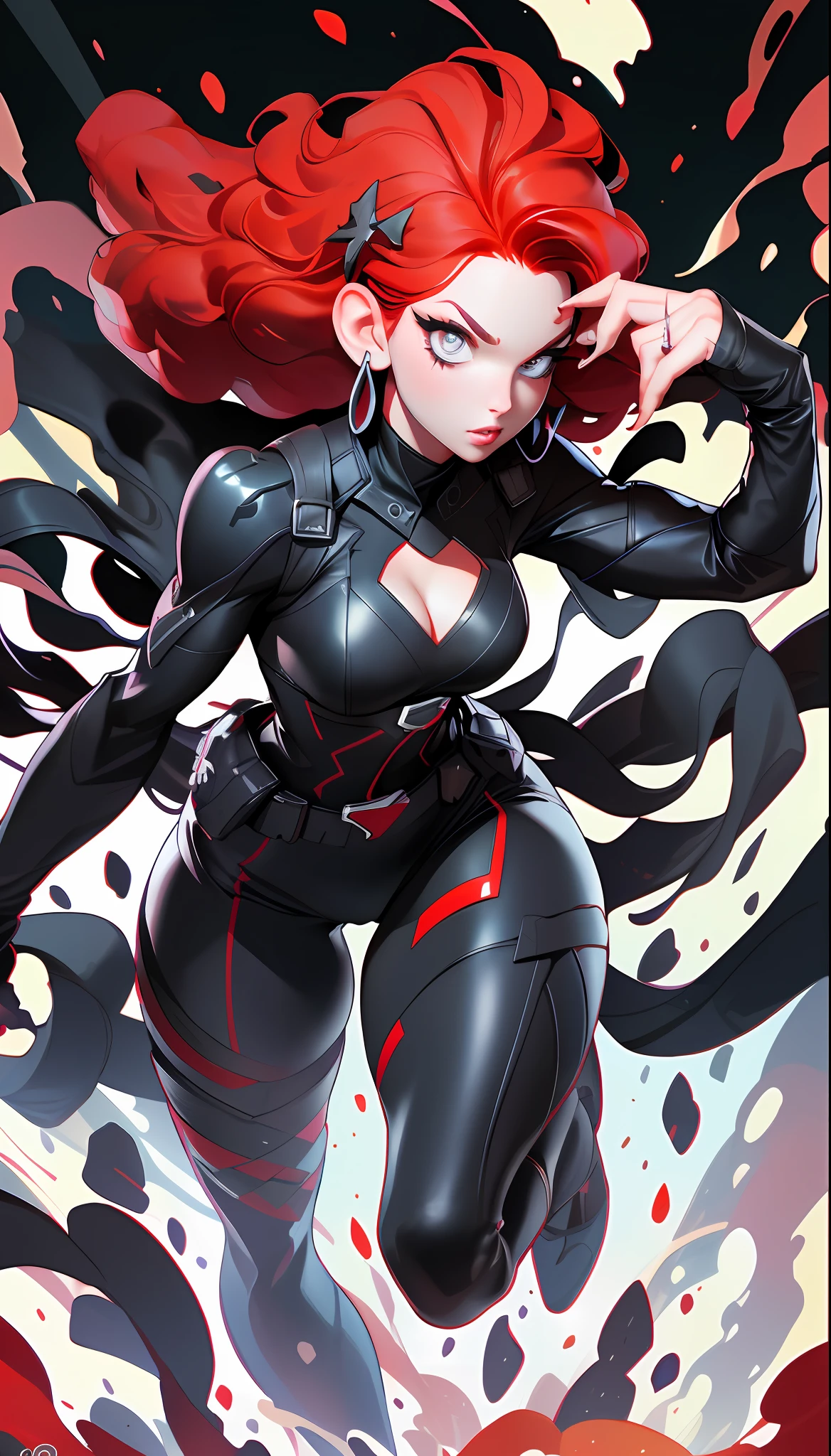 Black widow, short hair, pure black leather tights, pure red hair, attack action, impactful action, full body, perspective composition, exaggerated composition, perfect composition, close-up of face, perfect eyes, large perspective, dynamic composition,