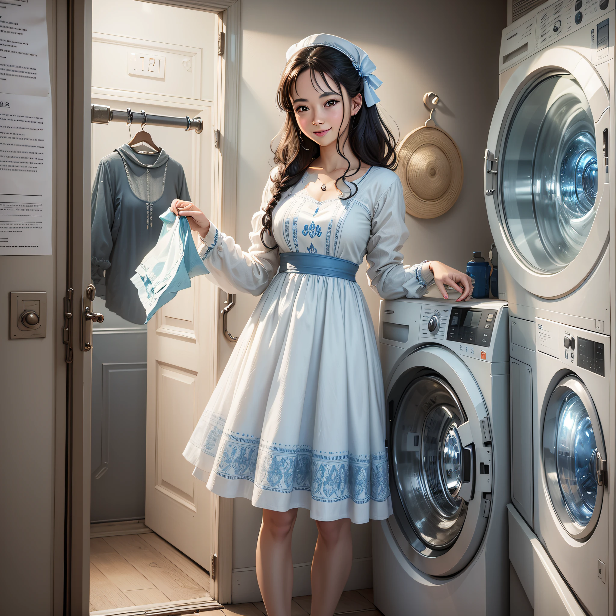 In the center of the picture is a woman in a beautiful dress, smiling and standing next to a washing machine. The doorway of the washing machine was open with several dresses and other clothes inside. The woman holds a piece of paper with beautiful graphics and text printed on it, indicating that this is a "wash dress, do it online" package offered by an online laundry service. --auto --s2