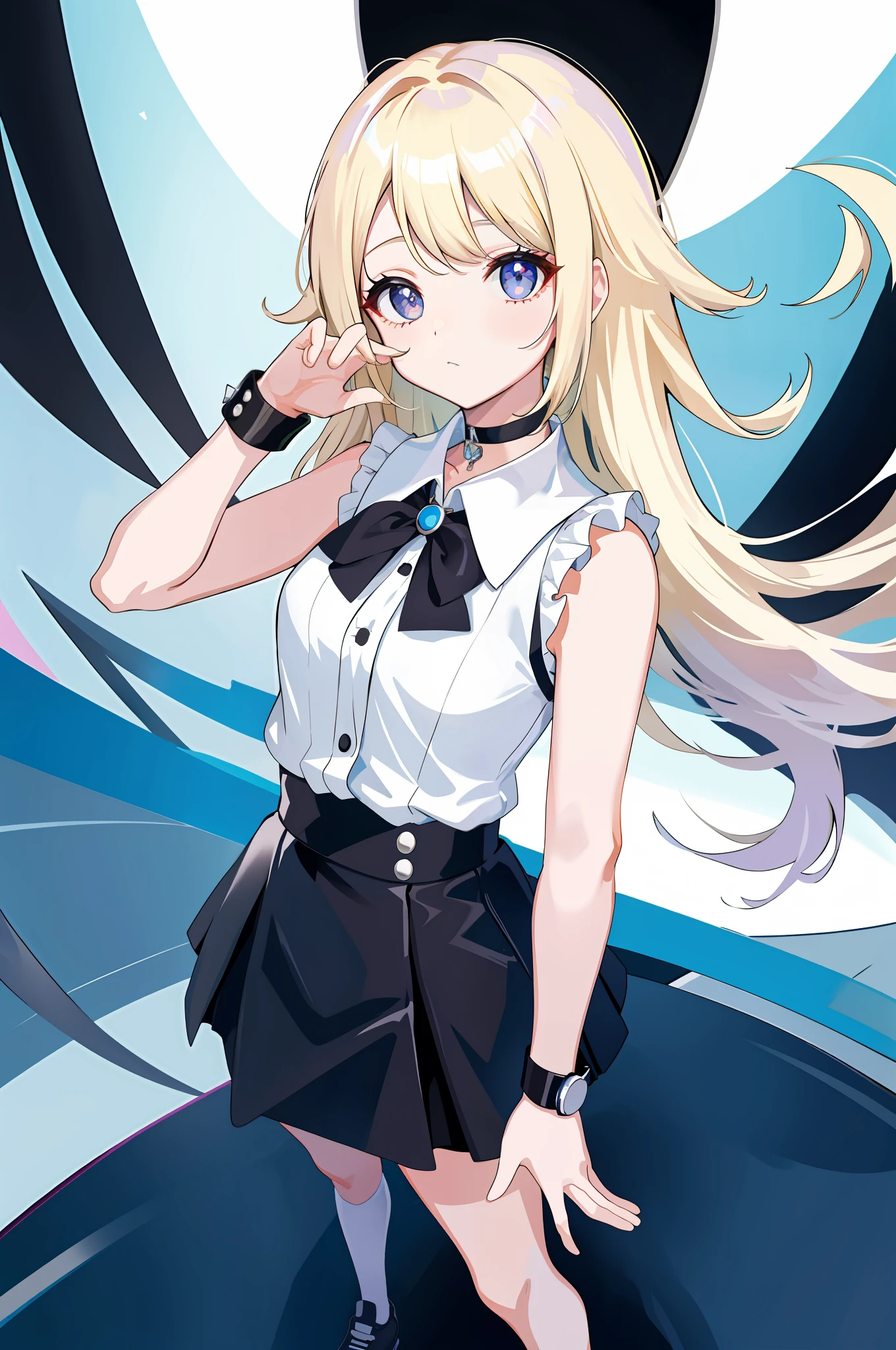 best quality, ultra high res, 1girl, sleeveless white button shirt, black skirt, black choker, cute, (Kpop idol), (aegyo sal:1), (platinum blonde hair:1), ((puffy eyes)), looking at viewer, full body, facing front