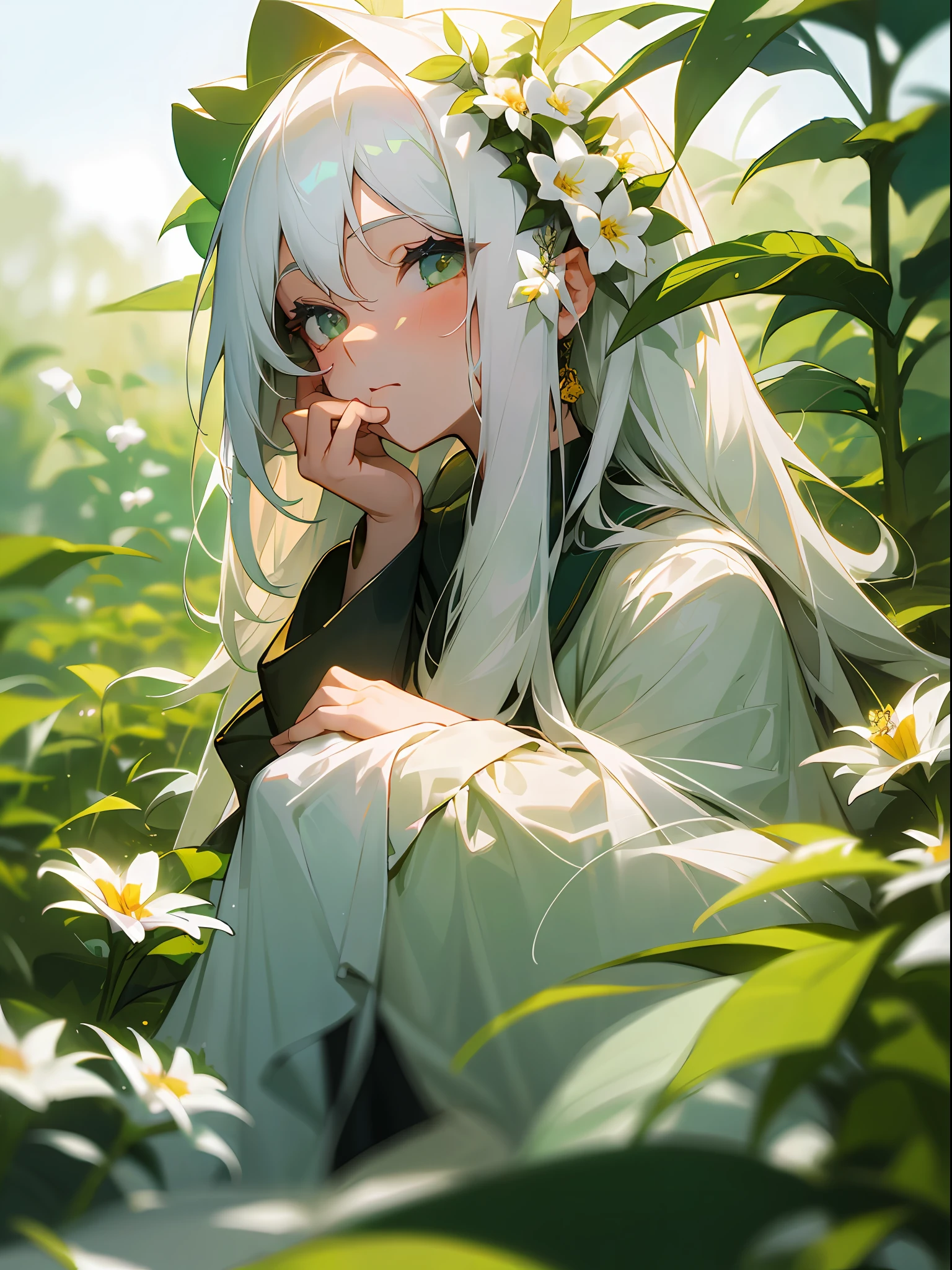 (masterpiece, best quality),1girl with long white hair sitting in a field of green plants and flowers, her hand under her chin, warm lighting, white dress, blurry foreground