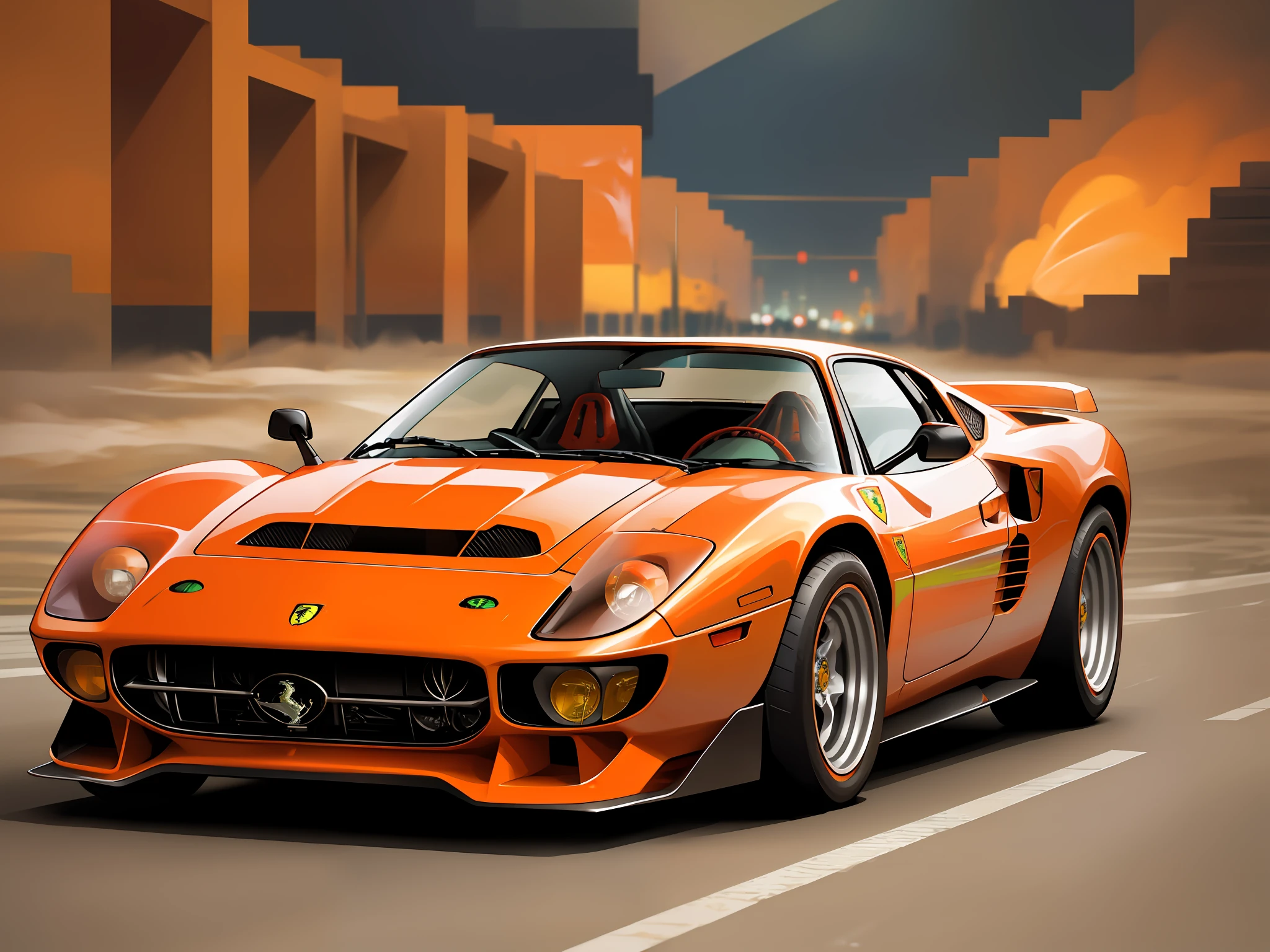 "Fking_scifi_v2, Cyberpunk theme, photo of a ferrari 280 gto, red, red ferrari,with emerald armor and intricate orange details. High detail and sharp focus with a dramatic feel."