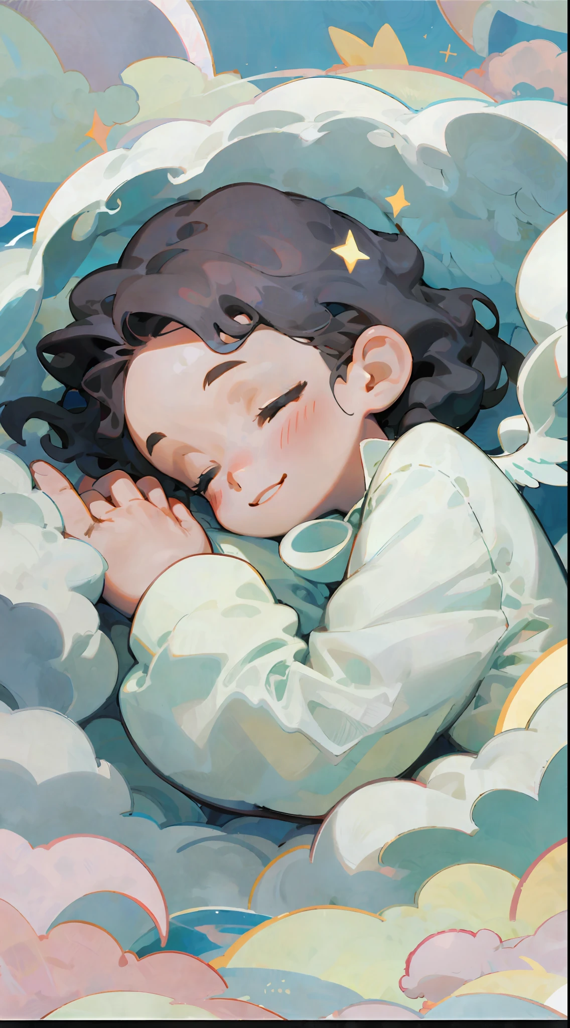A small child, angel sleeping in the clouds, smiling, sunny, warm, perfect composition