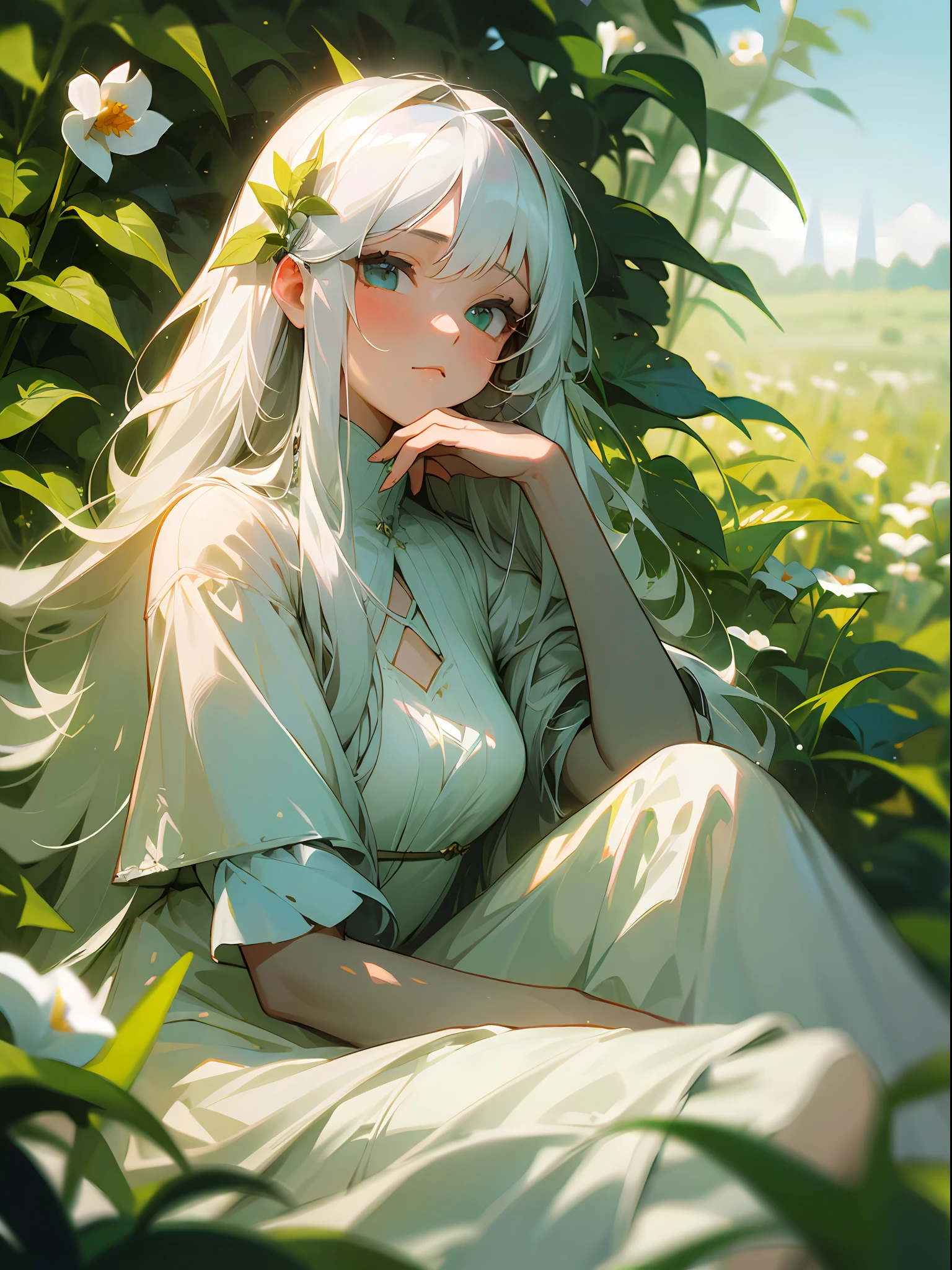 (masterpiece, best quality),1girl with long white hair sitting in a field of green plants and flowers, her hand under her chin, warm lighting, white dress, blurry foreground