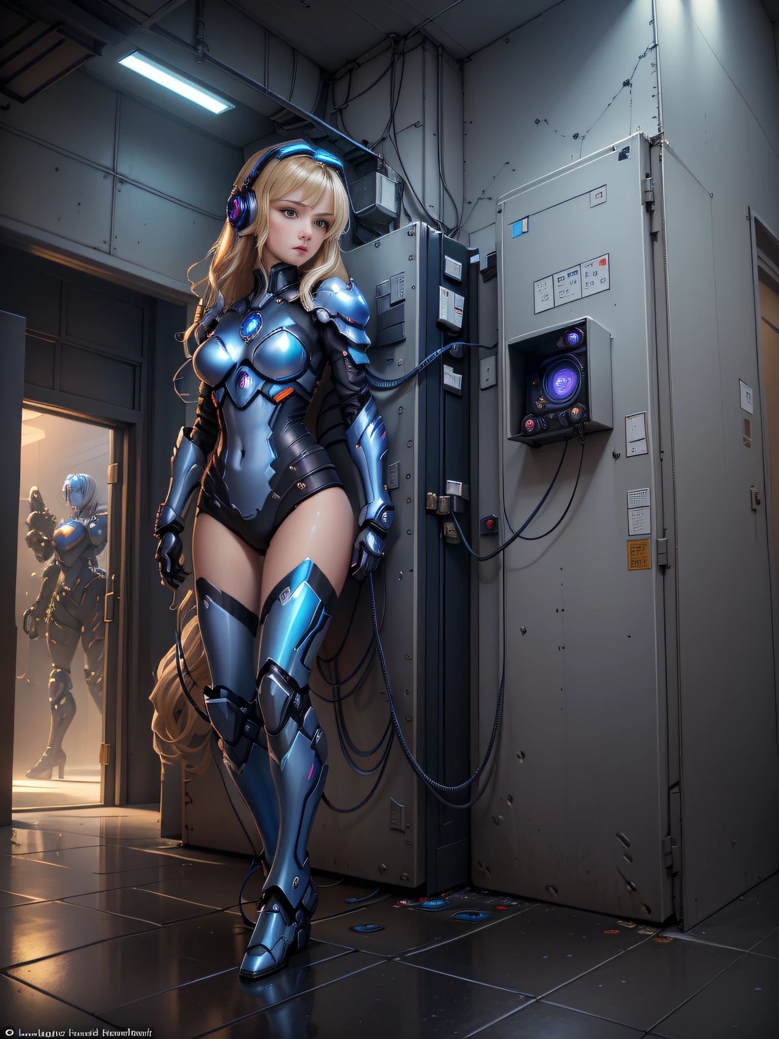 sexy girl in bluish armor, open navel, trapped inside a machine, mecha suit, blonde hair, headset, machine environments, tentacle cables flying, cyberpunk technology, cables jaunting, lens flare, by Mathias Kollros, by Julia Pishtar, olivia de bernardinis, by steven belledin, alina ivanchenko, neon interiors, wet floor, (masterpiece:1.3), (best quality:1.1), (intricate detail:1.1), (full body:1.5), (establishing shot:1.5)