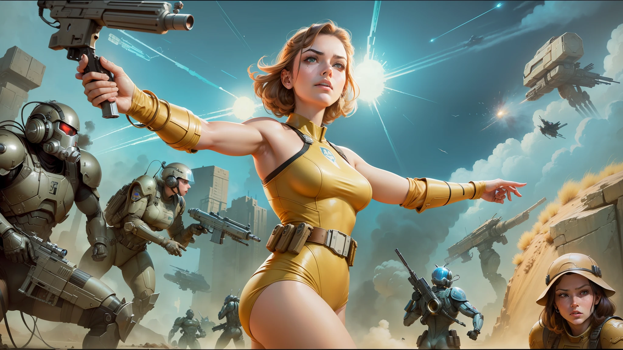 arafed image of a woman holding a gun in front of a group of people, in fallout cover art, starship troopers, wlop : :, james jean and clyde caldwell, youtube thumbnail, cool sepia tone colors, featured on ign, mecha, barbarella --ar 16:9 --v 5.1