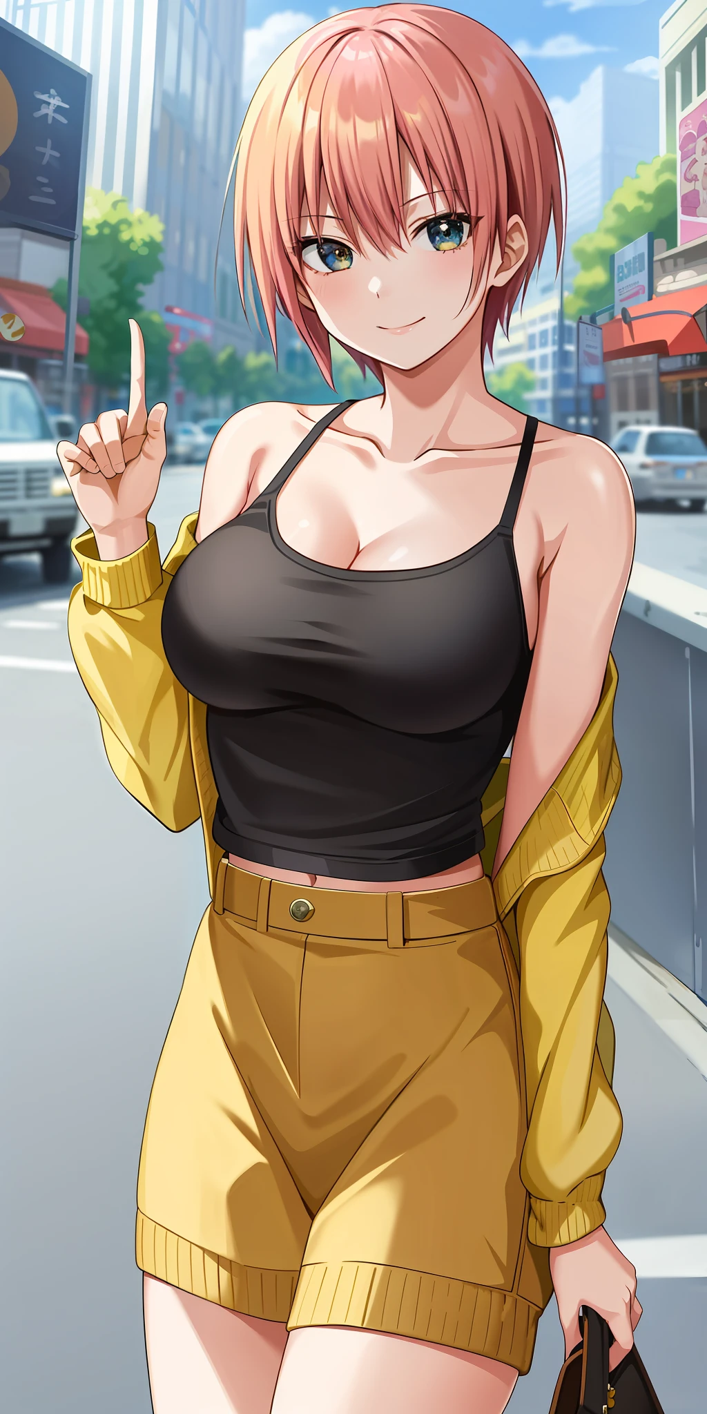 2d, masterpiece, best quality, anime, highly detailed, 1girl, solo, cowboy shot, nakano ichika, pink hair, short hair, yellow sweater, off-shoulder sweater, collarbone, long sleeves, (black bra), medium breasts, smile, outdoors, city