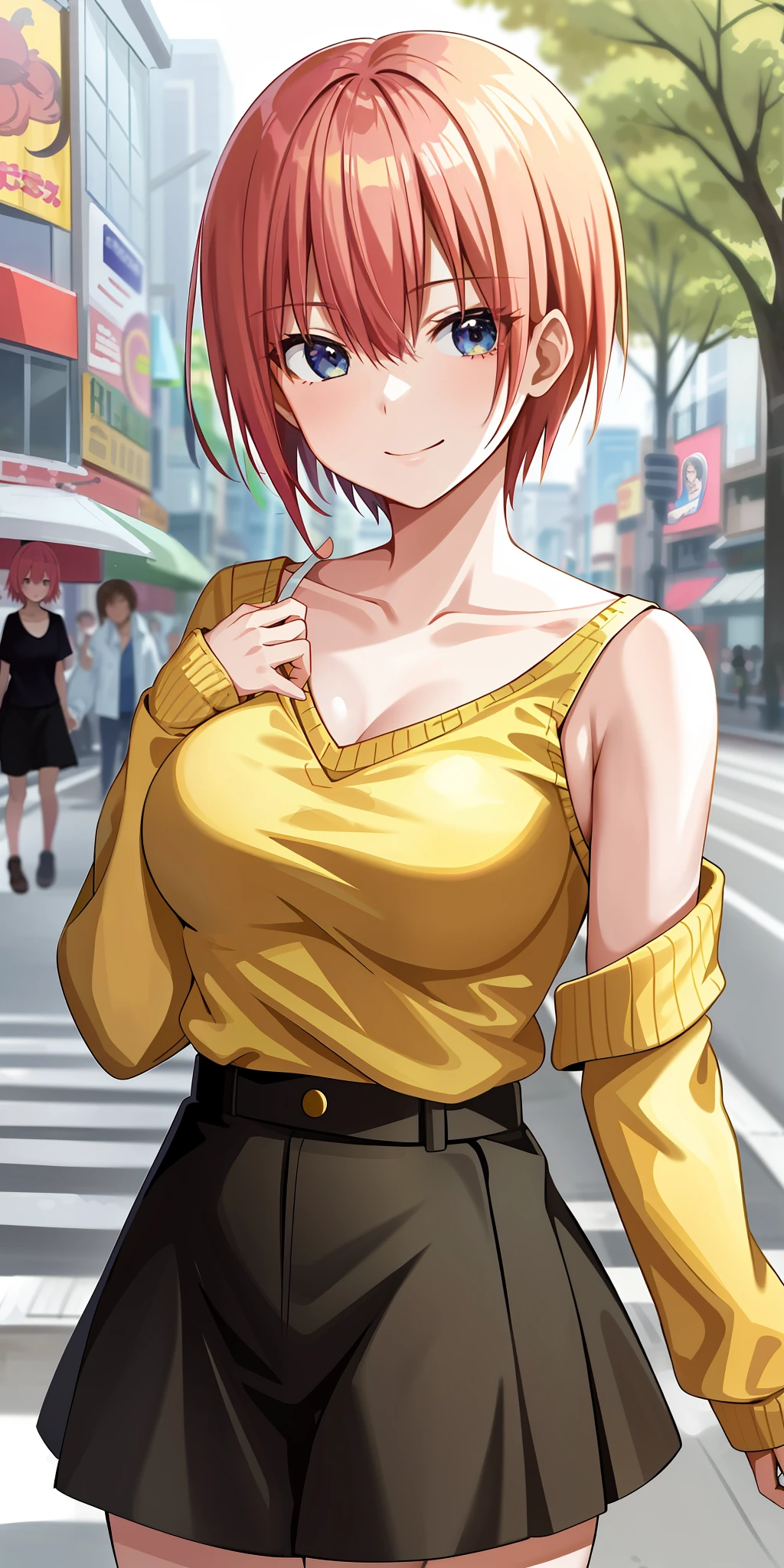 2d, masterpiece, best quality, anime, highly detailed, 1girl, solo, cowboy shot, nakano ichika, pink hair, short hair, yellow sweater, off-shoulder sweater, collarbone, long sleeves, (black bra), medium breasts, smile, outdoors, city